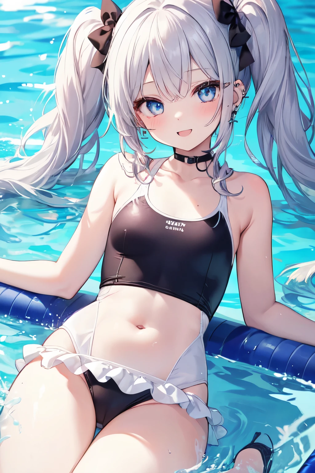 Silver-haired blue eyes、 girl、Small 、Twin tails、Laughter、Nico Nico Smile、Wink、 girl、Looks about 15 yearMusume、short、There are highlights on the eyes、Coming to the pool、Wear a cute swimsuit、Sliding down the slider、Gal-like appearance、Wearing piercings