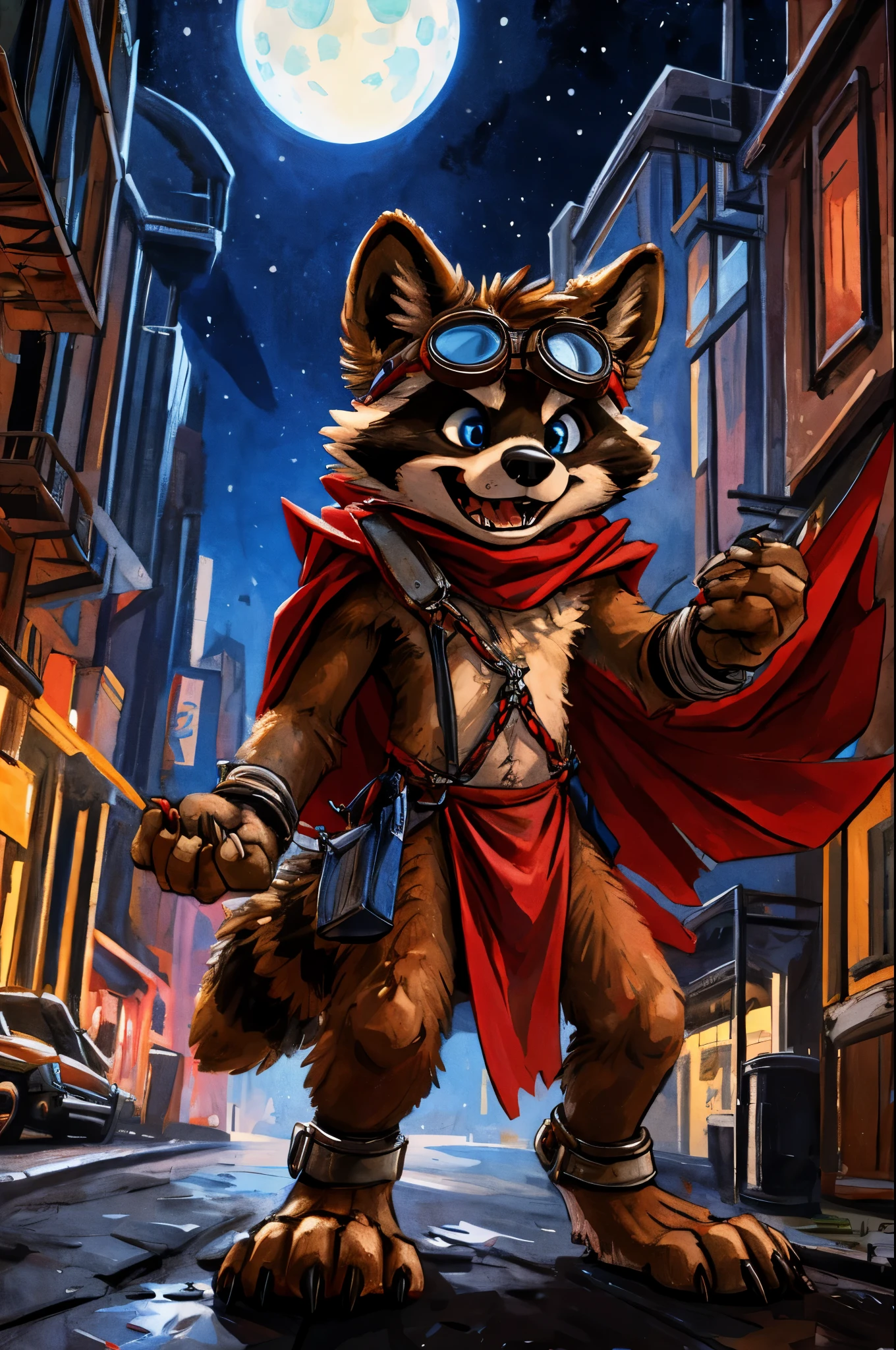 no lighting, deep shadow, dynamic angle, masterpiece, high quality, hi res, solo, young Furry, furry, young, raccoon, spiked brown hair only on head, red scarf, blue eyes, goggles, chain harness, red loincloth, red cape, masterpiece, detail body, fur all over body, detailed face, detailed eyes, detailed hands, Skinny, claws, high resolution, metal cuffs on wrists, metal cuffs on ankles, no shirt, no underwear, city, night, excited, sneer, art by kenket