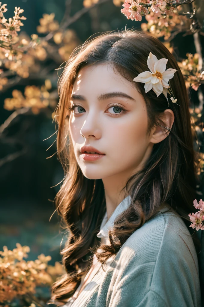 ( masterpiece, top quality, best quality,8k,17 years old girl,ultra detailed,raw photo:1.5),(photorealistic:1.4), (cinematic lighting), PerfectNwsjMajic, , Surrealism, UHD, ccurate, Super detail, textured skin, High detail, Best quality, dynamic angle, White skin,[Beautiful blue eyes], high nose,[flat chest:large breasts:0.5],(1girl),((good anatomy:0.5)),(covered in flowers:1.4), night sky, interested in, fire and ice, (The image is divided into two，Available in a variety of colors:2), eyes blues, sapphire, liquid metal, night sky, (Look at an angle:1.3), (fire and ice), ((Lower chrome)), (hairpin:1.4), (forest:1.3), (fog: 1.3),  Subtle colors and tones, mystical aura ,dreamy atmosphere,expressive brush strokes, mystical ambiance, Artistic interpretation, upper body, long hair, light brown streaked hair, brown hair