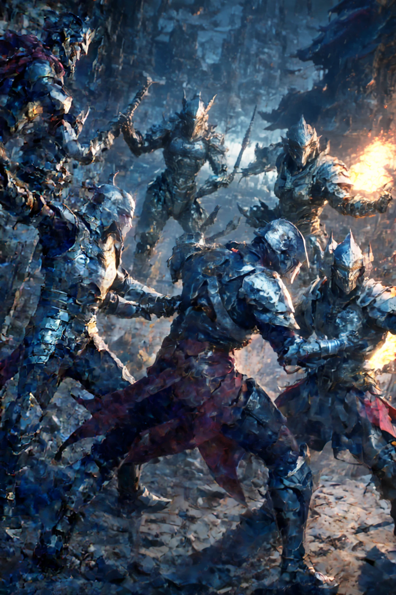 (8K) (Artstation is very detailed), there are three people in the picture, all wearing lava masks and armor, ancient Chinese armor, epic battle scenes, the dark part of the armor has the pattern of Chinese Loong, gold armor, and the dark part of the character has rich details. The background is a Chinese style fantasy scene, with full screen and ultra detailed studio lighting, ultra fine painting, clear focus, physics based rendering, extremely detailed description, professional, bright colors, scattered scenes, landscape, fiery red and dark black,