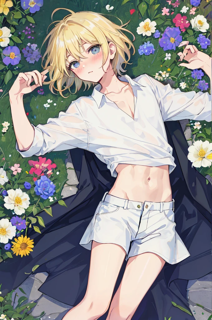 A man,Mature,Blonde short hair,Handsome,White shirt,a flat chest,Slim waist,Showing belly,Smooth legs,blush,Lying in the flowers,