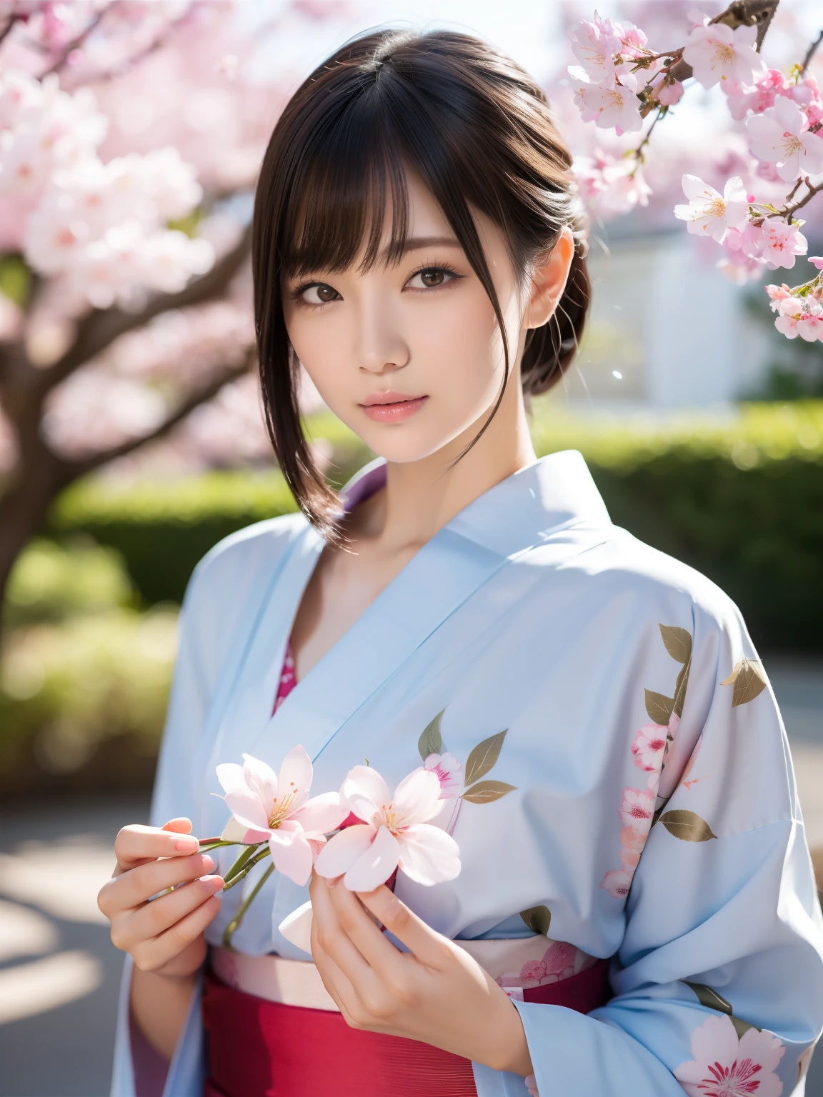 (highest quality:1.5)、(Real:1.5)、(1 person:1.5)、Medium Shot、(Very detailed)、(High resolution)、8k、Normal milk、Natural color lip、Japanese women、24 year old girl、Thin eyebrows、Beautiful and elegant face、Cute face、Arched thin eyebrows、(Large, balanced eyes)、Big Eyes、Fair skin、Beautiful and elegant face、Natural Bangs、Beautiful and thin nose、 Beautiful Skin、Medium Bob Hair、Natural Bangs、Perfect and beautiful facial features、Slim face and figure、(Bright lighting)、Professional Lighting、(Lighting from the front)、Outdoor、Beautiful cleavage、Cherry blossom trees、1 personの少女、Cute and sexy slim 24 year old woman、Fair skin、Cherry blossoms fluttering、(A dreamy look)、(yukata)、(Normal milk)、(Calm pose)、Beautiful Obi、