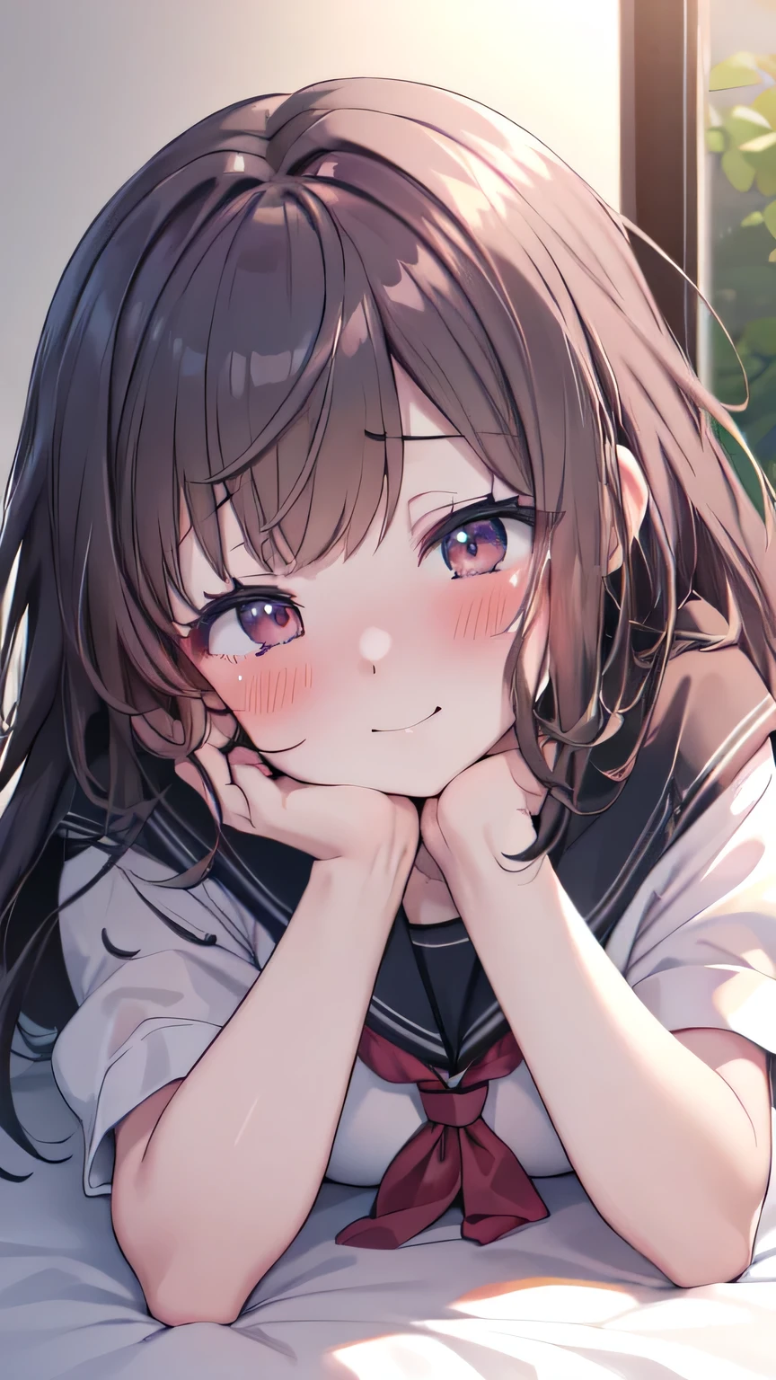Very detailed、(8k, RAW Photos, highest quality, masterpiece:1.2), (Very detailed 8k wallpaper),shape、Professional Lighting,Sharp focus, Written boundary depth、
Browsing Caution、Clear Eyes、Perfect Anatomy、With a girl、、Cute girl、erafuku 、(blush:1.5)、、Plump thighs、Black Hair、Lying down、