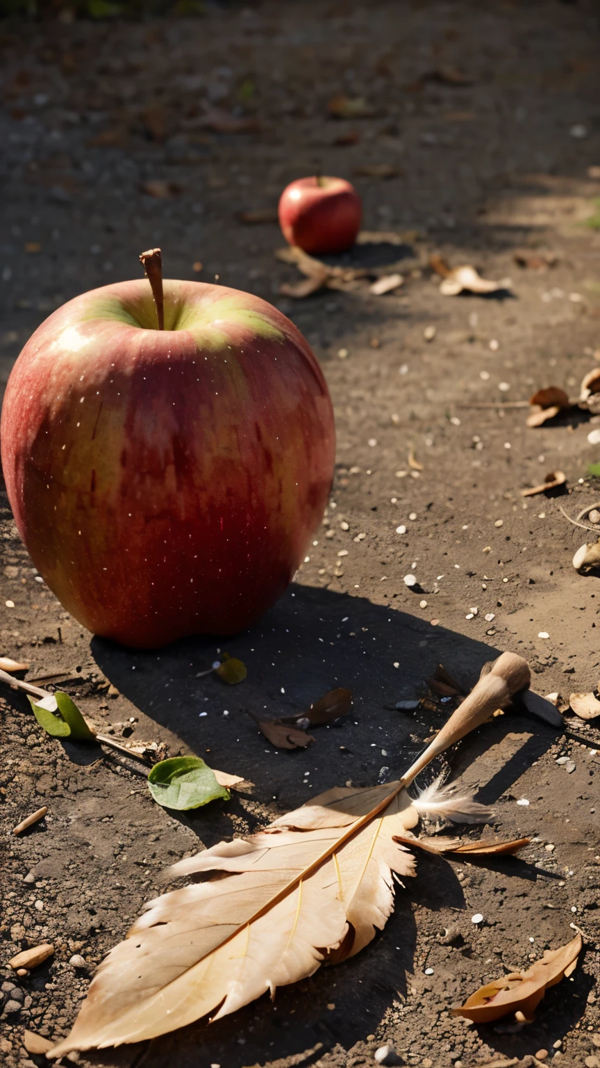 an apple and a feather both falling to the ground 