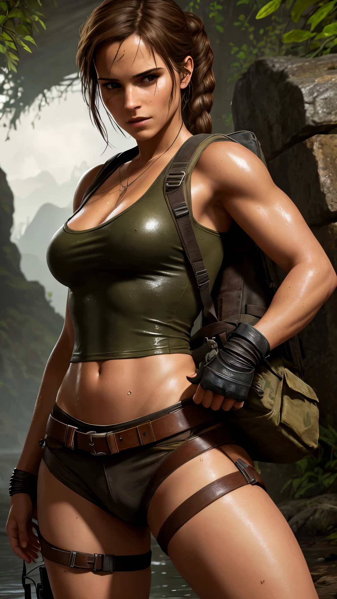 full body lara croft, long brown ponytail, brown eyes, high arched eyebrows, long graceful neck, red lips, big breasts, long muscular thighs, short tight brown leather shorts, pale green sleeveless ripped t-shirt, leather boots, knee-deep in mysterious dark in a cave, (realistic, photorealistic, photorealistic:1.37), horror, dark and gloomy atmosphere with dramatic lighting, Foggy environment,