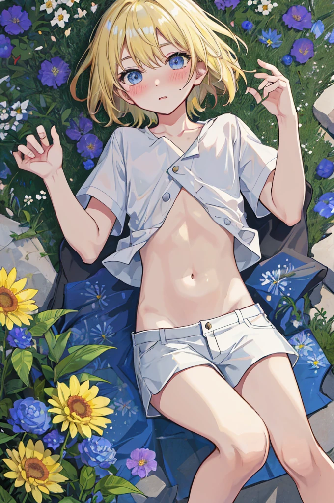A man,Mature man,youth,Blonde short hair,Handsome,White shirt,a flat chest,Slim waist,Showing belly,Smooth legs,blush,Lying in the flowers,