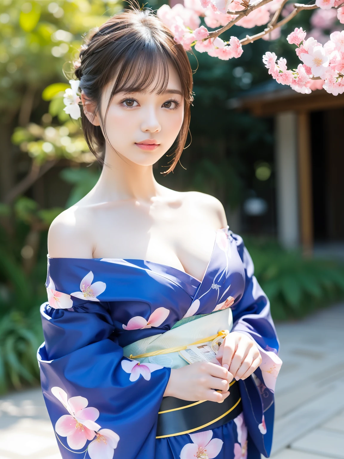 (highest quality:1.5)、(Real:1.5)、(1 person:1.5)、Medium Shot、(Very detailed)、(High resolution)、8k、Normal milk、Natural color lip、Japanese women、24 year old girl、Thin eyebrows、Beautiful and elegant face、Cute face、Arched thin eyebrows、(Large, balanced eyes)、Big Eyes、Fair skin、Beautiful and elegant face、Natural Bangs、Beautiful and thin nose、 Beautiful Skin、Medium Bob Hair、Natural Bangs、Perfect and beautiful facial features、Slim face and figure、(Bright lighting)、Professional Lighting、(Lighting from the front)、Outdoor、Beautiful cleavage、Cherry blossom trees、1 personの少女、Cute and sexy slim 24 year old woman、Fair skin、Cherry blossoms fluttering、(A dreamy look)、(Off-shoulder yukata)、(Normal milk)、(A simple pose facing forward)、Beautiful Obi、Beautiful clavicle、