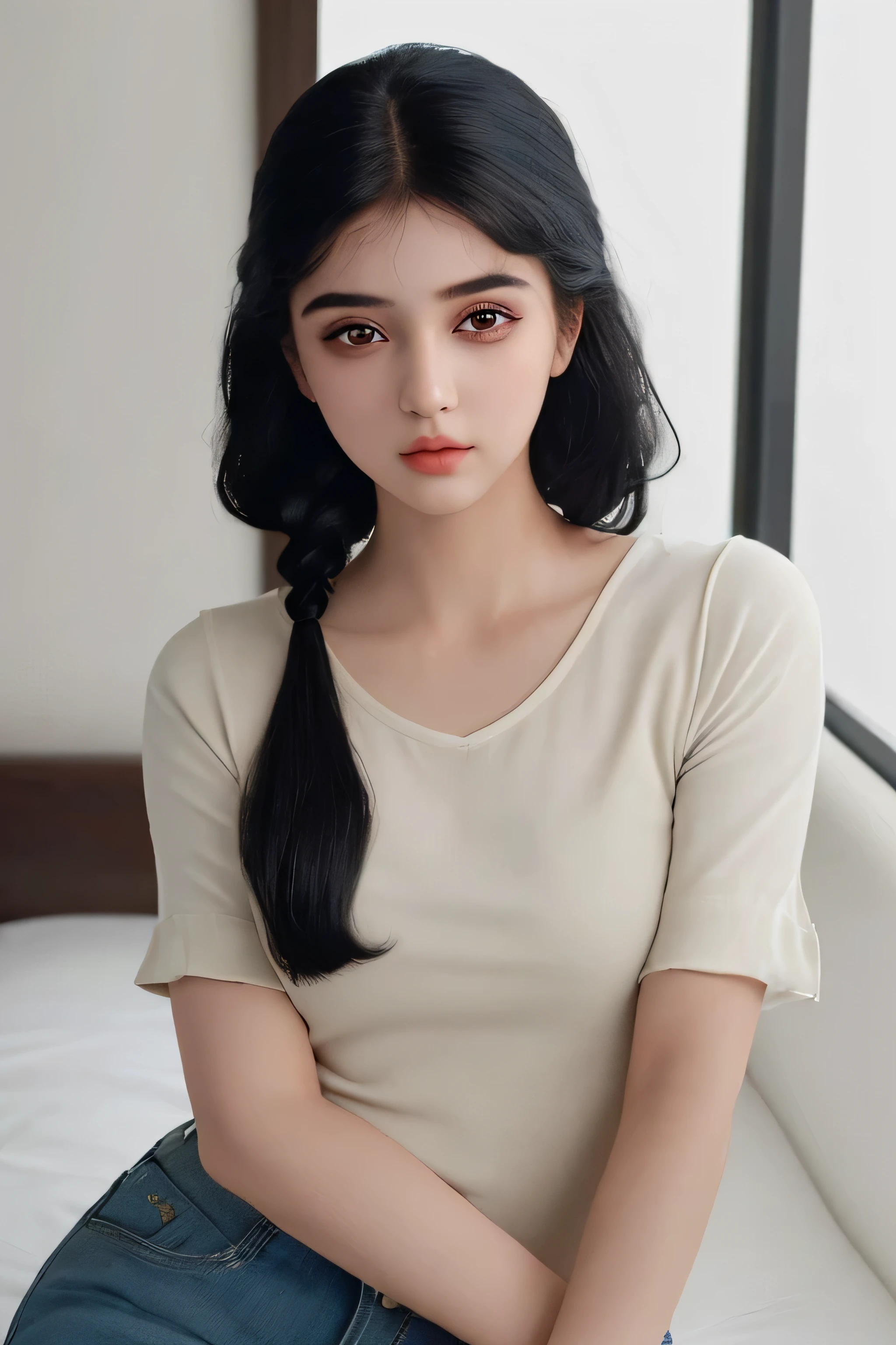 ((Best quality, 8k, Masterpiece :1.3)), 1girl, beautiful woman, (casual hairstyle,), casual wear: 1.2, interior, ultra-detailed face, delicate eyes, double eyelids, Indian, black hair, black eyes, realistic face, realistic eyes,