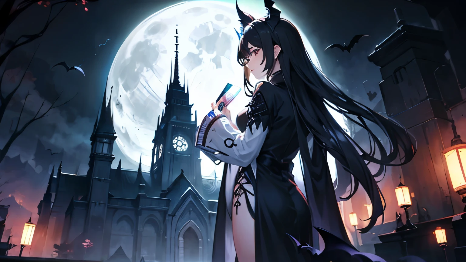 Different world、Grave、night、moon、Bat、Fantasy anime style