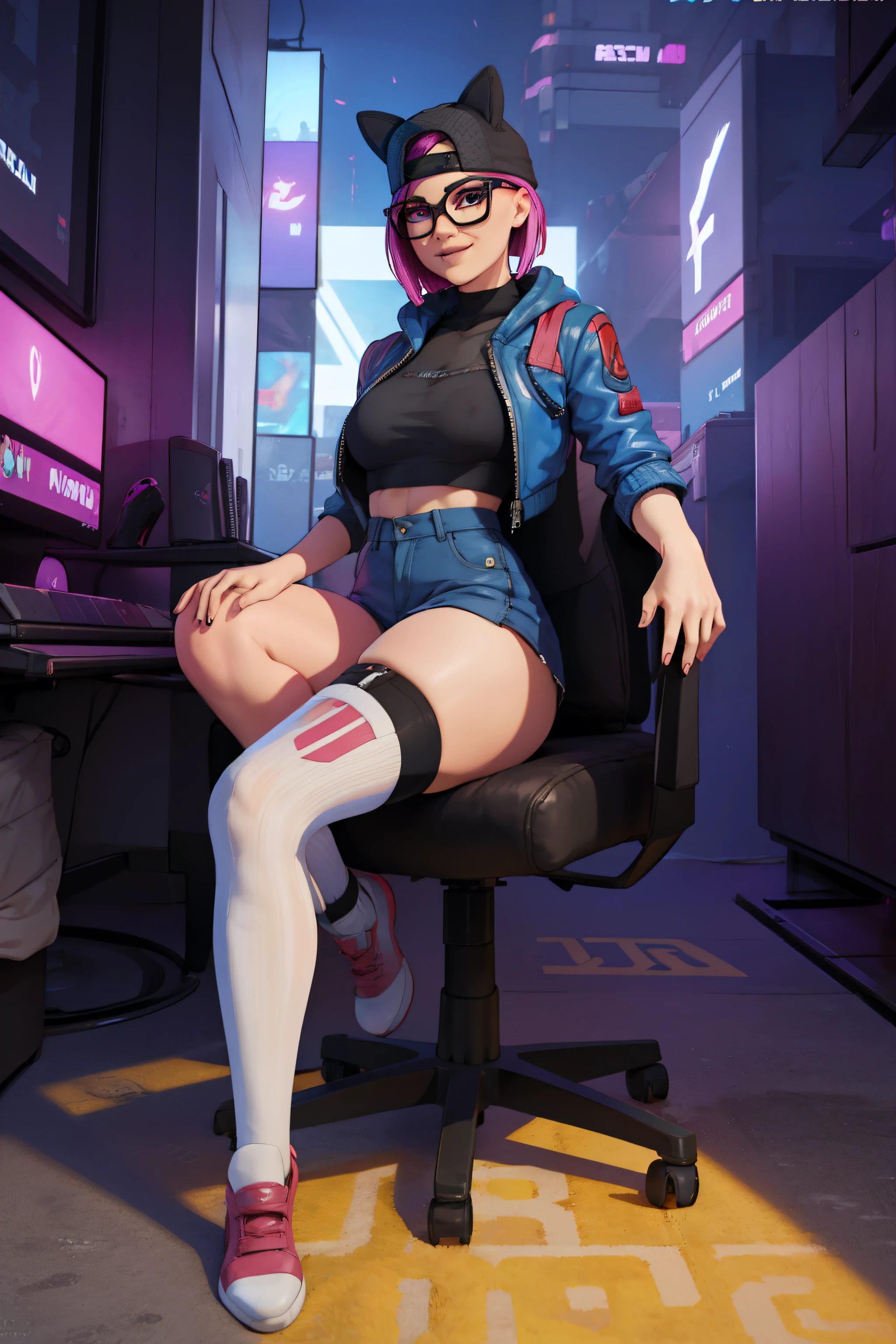 (masterpiece), (best quality),Gamer chair (solo), looking the viewer, cyberpunk, high detailed,extremely detailed,shorts,long White thigh high socks, jacket, fine eyes, smile,dynamic pose, short pink hair,cap,fingerless glove,glasses.