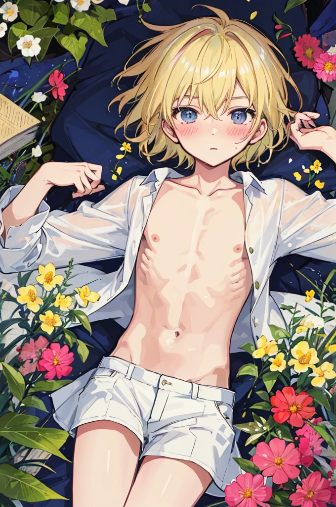 A man,((Mature man)),youth,Blonde short hair,Handsome,White shirt,a flat chest,Slim waist,Showing belly,Smooth legs,blush,Lying in the flowers,