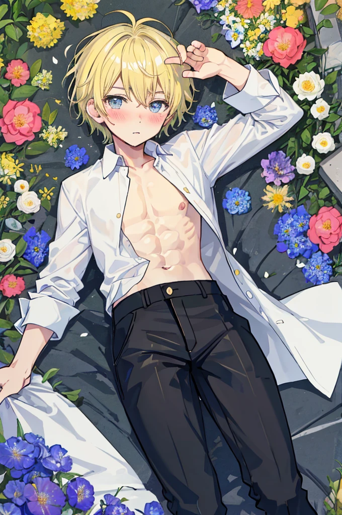 A man,((Mature man)),youth,Blonde short hair,Handsome,White shirt,a flat chest,Slim waist,Showing belly,Smooth legs,blush,Lying in the flowers,