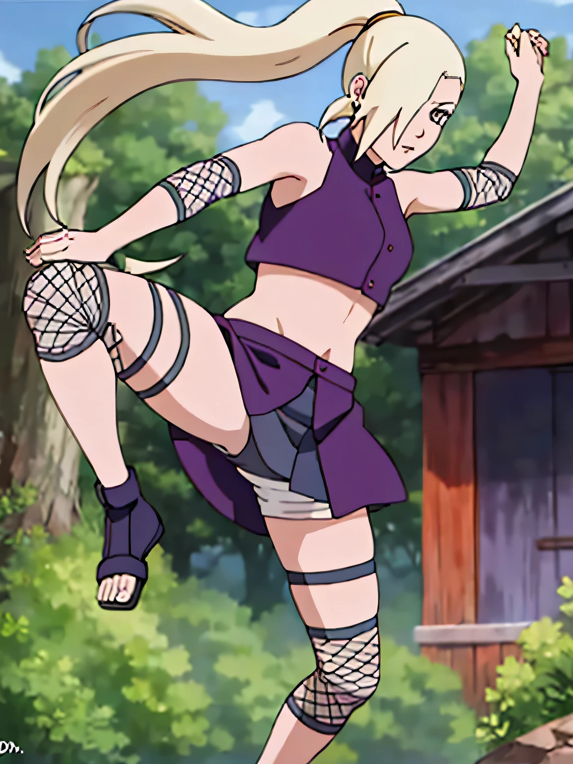 Yamanaka Ino, hair on one eye, ponytail, Hair clips, purple crop top, voluptuous, skirt, fishnet, earring, Diaphragm, show legs, condescending, alone, 1 girl, Facing the front, Masterpiece, perfect face, jump, Raise your legs high., touch,straight legs,touch legs, Voluptuous eyes,open skirt, Torn a leg