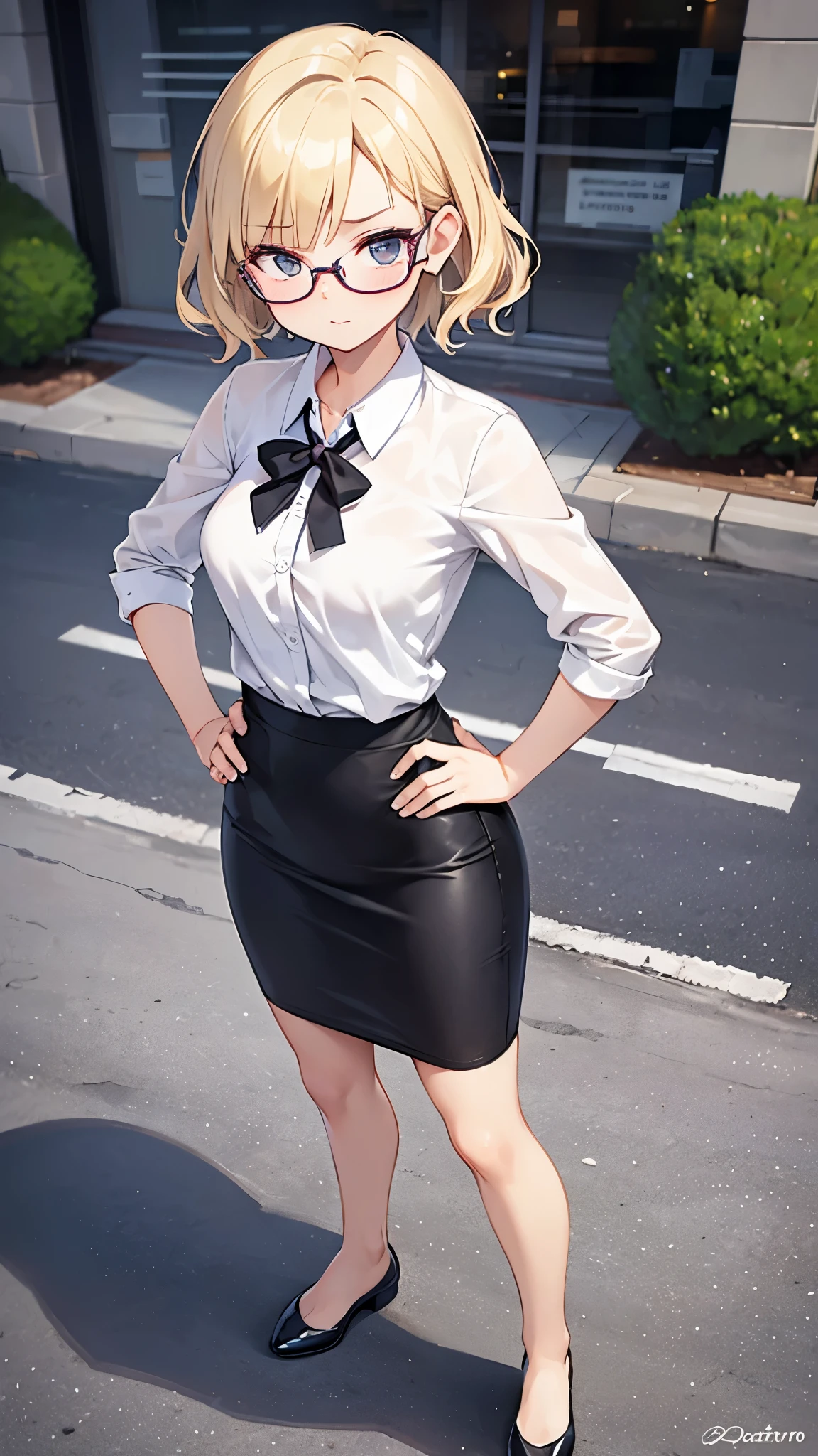 (((Pixel Perfect, Perfect in every detail))), One girl, Medium chest, suit, skirt, pencil skirt, barefoot, Glasses, shoes, Urban Background, alone, single, Hands on hips, Are standing, Full Body Shot, Cowboy Shot, Beautiful fine details, Blonde, short hair, Wavy Hair, High School Background, Outdoor, Mature Woman, teacher, Perfect body, Good balance, A Detaylor
