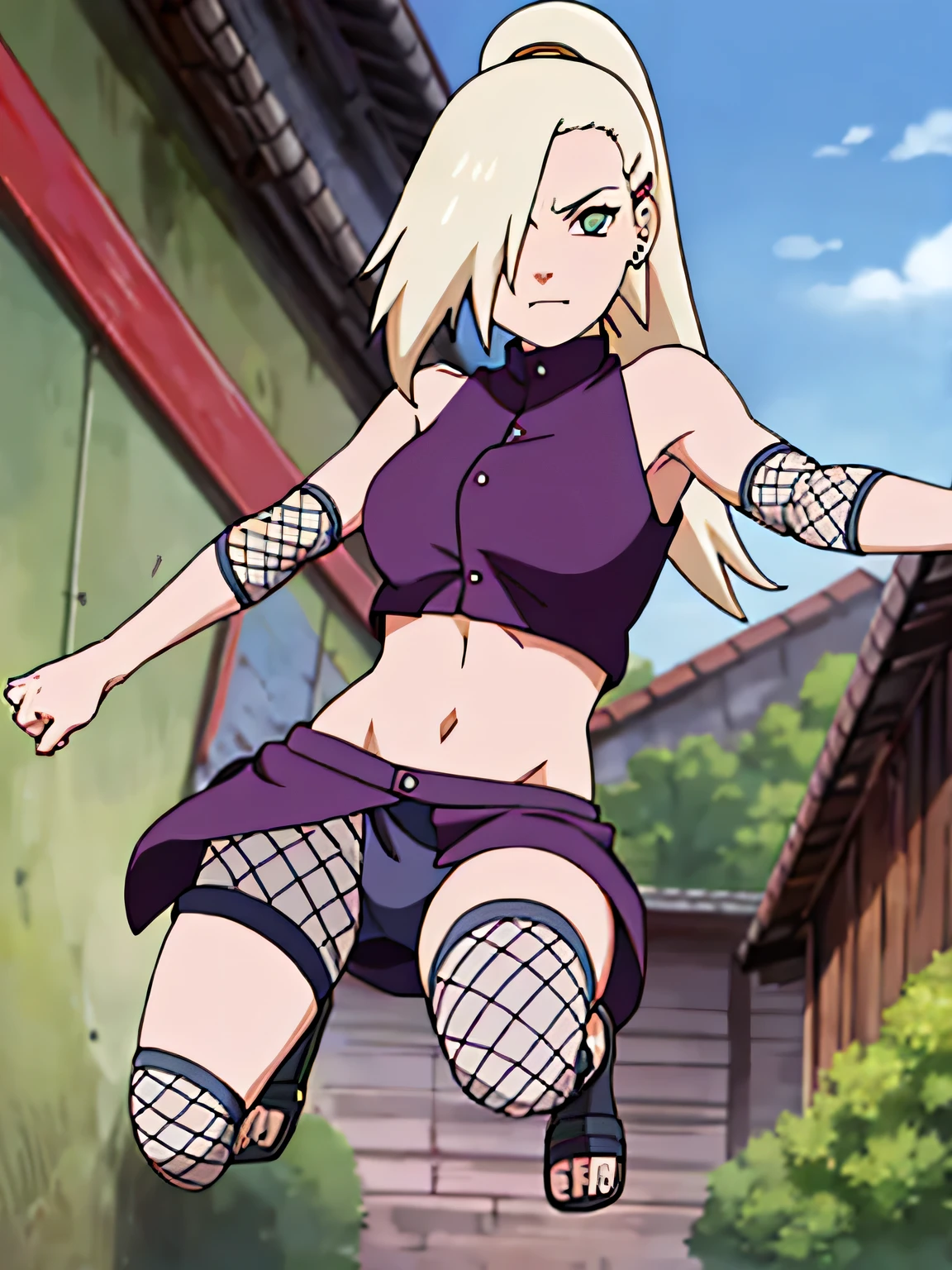 Yamanaka Ino, hair on one eye, ponytail, Hair clips, purple crop top, voluptuous, skirt, fishnet, earring, Diaphragm, show legs, condescending, alone, 1 girl, Facing the front, Masterpiece, perfect face, jump, Raise your legs high., touch,straight legs,touch legs, Voluptuous eyes,open skirt, Torn a leg