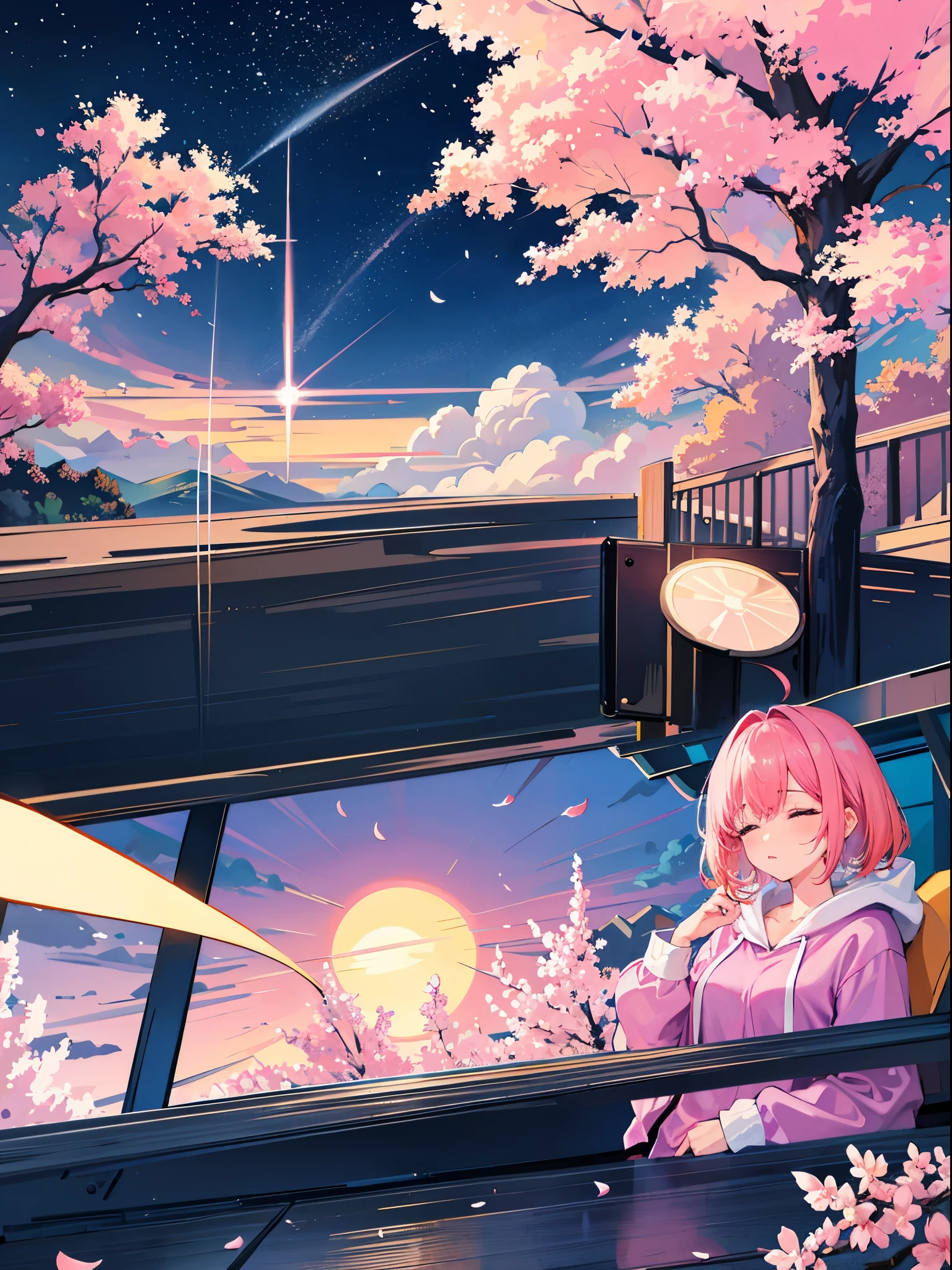 8K resolution、((top-quality))、((​masterpiece))、((ultra-detailliert))、1 woman、solo、incredibly absurdness、Oversized hoodies、headphones、、Rain at night、neons、Shortcut Hair、Brightly colored eyes、shortpants、flowerc of cherry blossom dripping、pink hairs in the room、sleeping face、I can see cherry blossoms outside the window、Sleeping face down on a desk