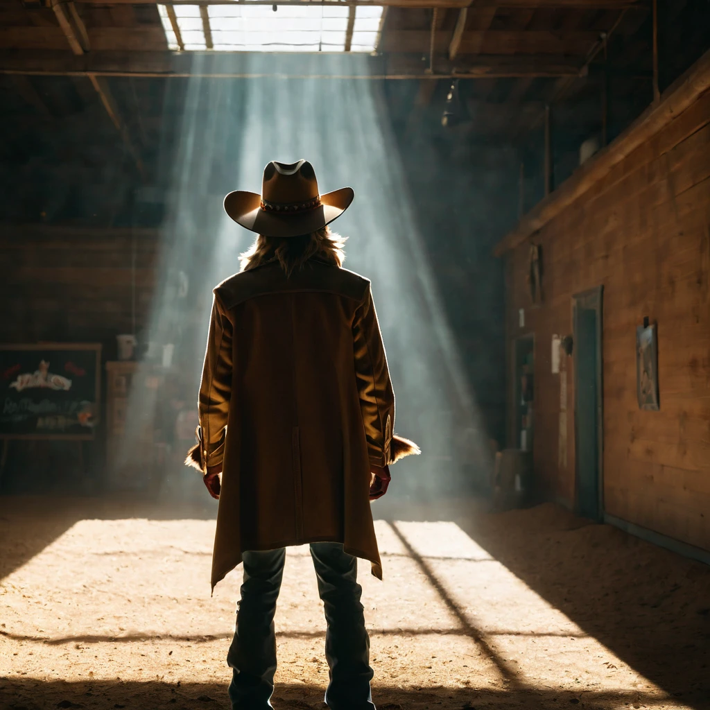 (coyote wearing a cowboy hat), [facing away], coyote head,anthro, Masterpiece, cinematic light, atmospheric lighting, subsurface scattering,