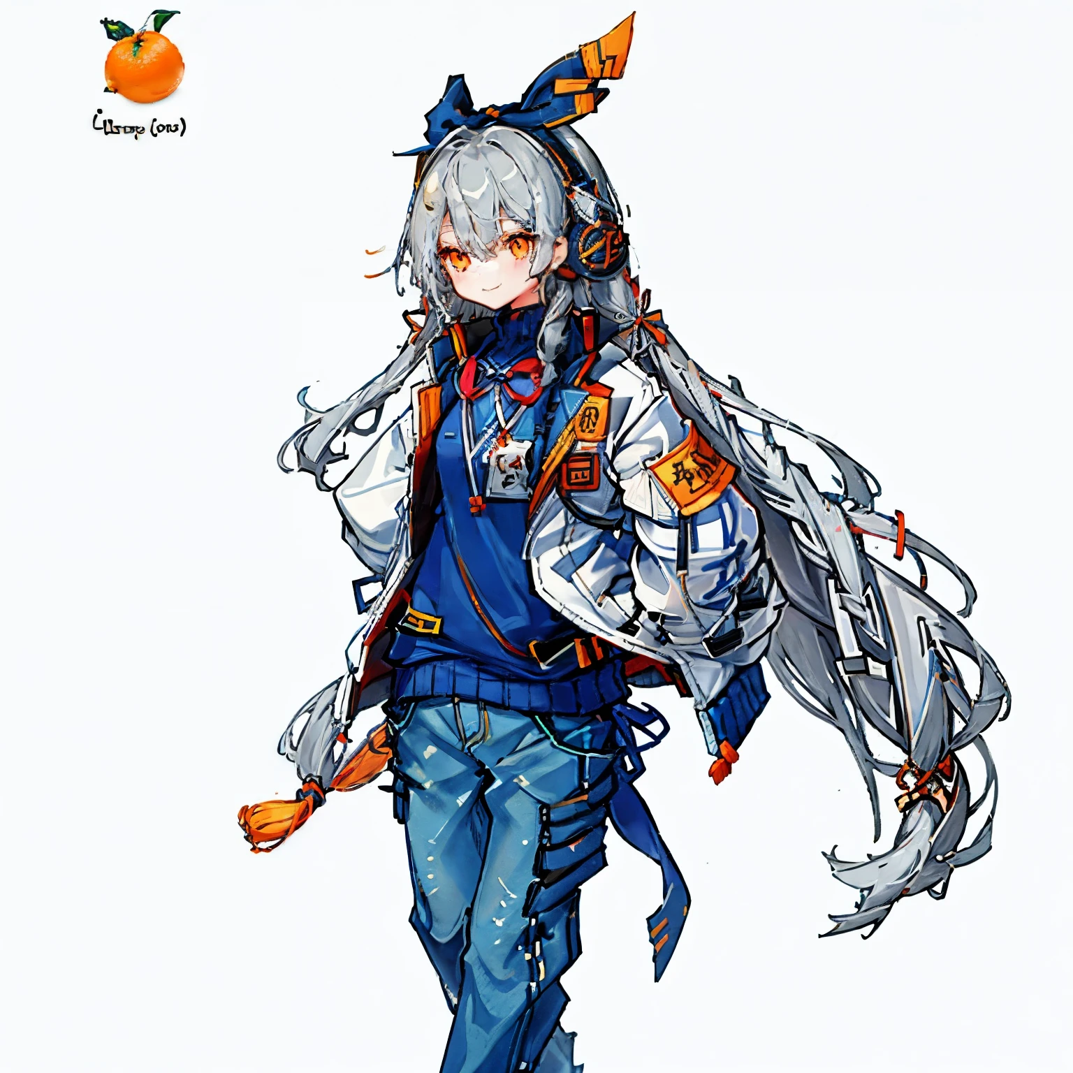 Linotuna, original, 黒いribbon, Braiding, Earrings, tooth, Grey Hair, hair ornaments, ヘアribbon, Barrette, Headphones, High resolution, Holding, Jacket, jewelry, Long Hair, Long sleeve, Orange eyes,ribbon, Simple Background, Songhua City, White Background、Cheerful girl、Cool composition、Cool girl、Dress like a man、Cool jumper、Cool smile、Skinny denim pants