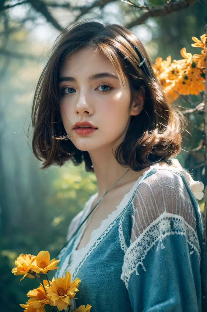 ( masterpiece, top quality, best quality,8k,17 years old girl,ultra detailed,raw photo:1.5),(photorealistic:1.4), (cinematic lighting), PerfectNwsjMajic, , Surrealism, UHD, ccurate, Super detail, textured skin, High detail, Best quality, dynamic angle, White skin,[Beautiful blue eyes], high nose,[flat chest:large breasts:0.5],(1girl),((good anatomy:0.5)),(covered in flowers:1.4), night sky, interested in, fire and ice, (The image is divided into two，Available in a variety of colors:2), eyes blues, sapphire, liquid metal, night sky, (Look at an angle:1.3), (fire and ice), ((Lower chrome)), (hairpin:1.4), (forest:1.3), (fog: 1.3),  Subtle colors and tones, mystical aura ,dreamy atmosphere,expressive brush strokes, mystical ambiance, Artistic interpretation, upper body, long hair, diagonal bangs
