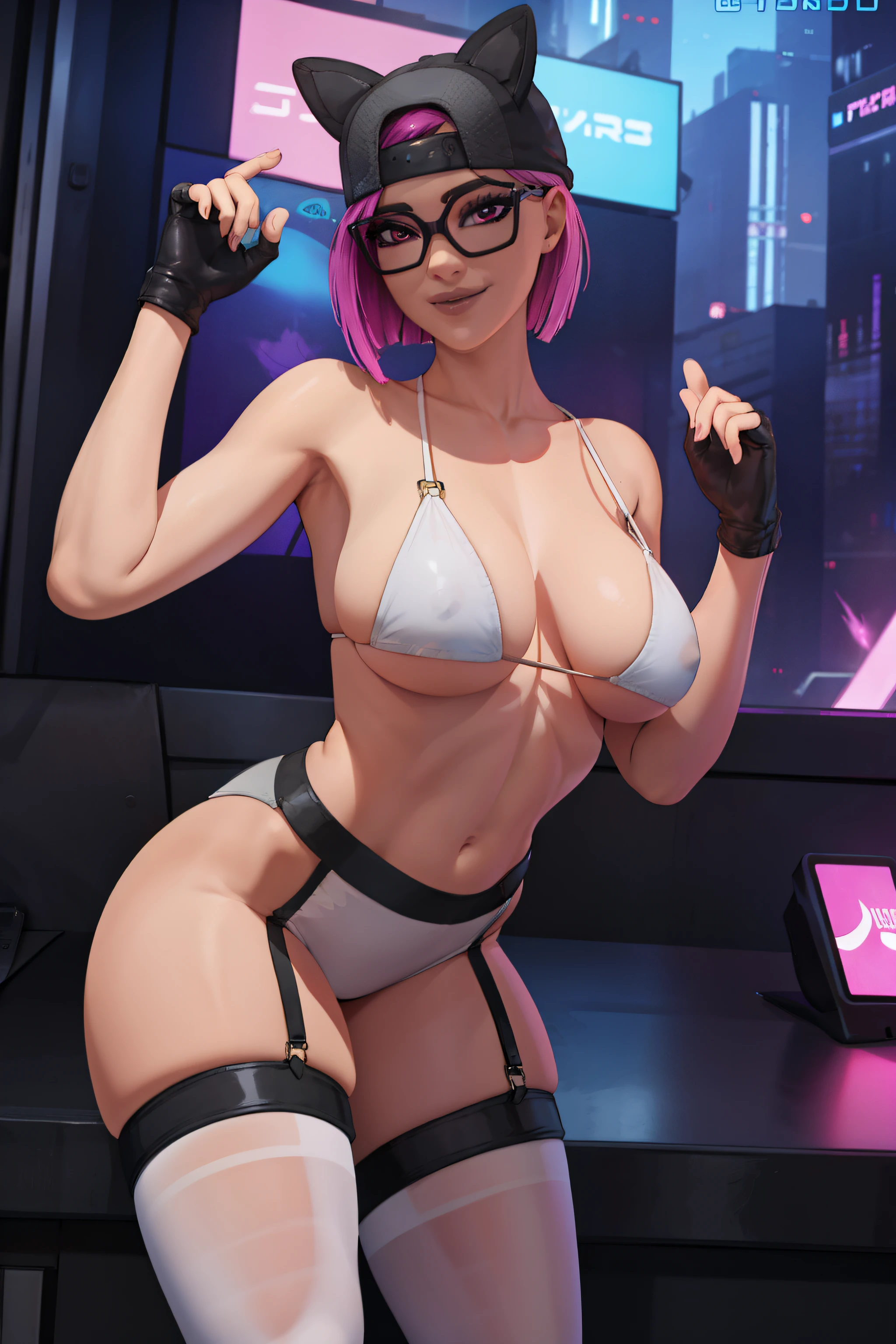 (masterpiece), (best quality), (solo), looking the viewer, cyberpunk, high detailed,extremely detailed,shorts with bWhite stockings,white bikini, leggings latex fine eyes, smile,dynamic pose, short pink hair,cap,fingerless glove,glasses.