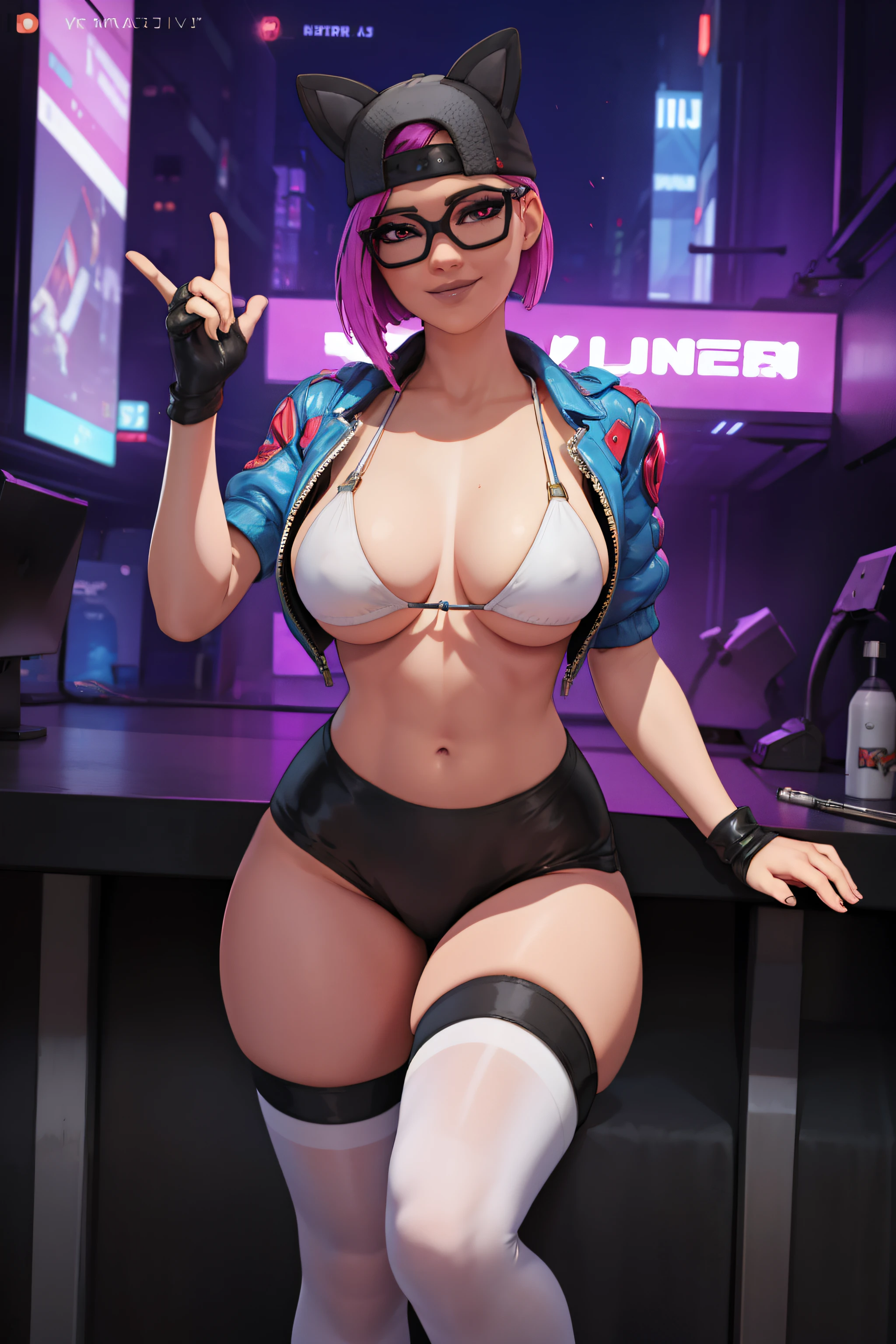 (masterpiece), (best quality), (solo), looking the viewer, cyberpunk, high detailed,extremely detailed,shorts with bWhite stockings,white  bikini, leggings latex fine eyes, smile,dynamic pose, short pink hair,cap,fingerless glove,glasses.