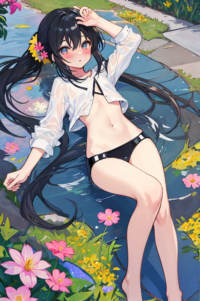 A girl，Double ponytail hair，Long hair，Black Hair，White shirt，a flat chest，Slim waist，Showing belly，Smooth legs，blush，Lying in the flowers，