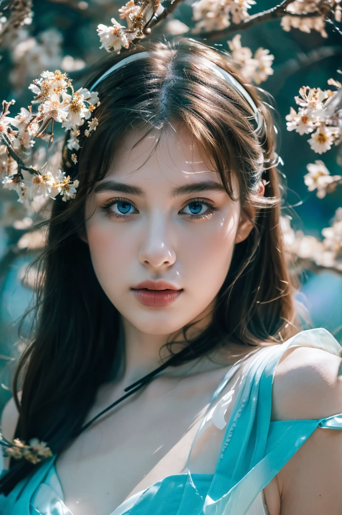 ( masterpiece, top quality, best quality,8k,17 years old girl,ultra detailed,raw photo:1.5),(photorealistic:1.4), (cinematic lighting), PerfectNwsjMajic, , Surrealism, UHD, ccurate, Super detail, textured skin, High detail, Best quality, dynamic angle, White skin,[Beautiful blue eyes], high nose,[flat chest:large breasts:0.5],(1girl),((good anatomy:0.5)),(covered in flowers:1.4), night sky, joint, interested in, fire and ice, (The image is divided into two，Available in a variety of colors:2), eyes blues, sapphire, liquid metal, night sky, (Look at an angle:1.3), (fire and ice), ((Lower chrome)), (hairpin:1.4), (forest:1.3), (fog: 1.3),  Subtle colors and tones, mystical aura ,dreamy atmosphere,expressive brush strokes, mystical ambiance, Artistic interpretation,Wonderland, blue glowing flowers tone, upper body, long hair, diagonal bangs