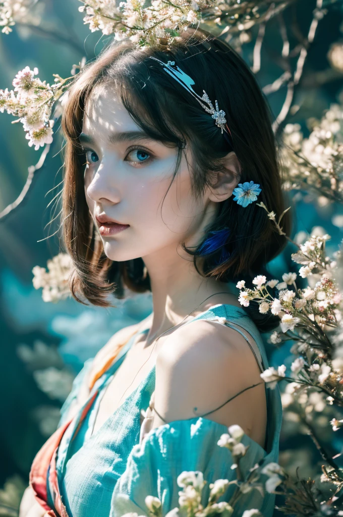 ( masterpiece, top quality, best quality,8k, girl,ultra detailed,raw photo:1.5),(photorealistic:1.4), (cinematic lighting), PerfectNwsjMajic, , Surrealism, UHD, ccurate, Super detail, textured skin, High detail, Best quality, dynamic angle, White skin,[Beautiful blue eyes], high nose,[flat chest:large breasts:0.5],(1girl),((good anatomy:0.5)),(covered in flowers:1.4), night sky, joint, interested in, fire and ice, (The image is divided into two，Available in a variety of colors:2), eyes blues, sapphire, liquid metal, night sky, (Look at an angle:1.3), (fire and ice), ((Lower chrome)), (hairpin:1.4), (forest:1.3), (fog: 1.3),  Subtle colors and tones, mystical aura ,dreamy atmosphere,expressive brush strokes, mystical ambiance, Artistic interpretation,Wonderland, blue glowing flowers tone, upper body, long hair, diagonal bangs