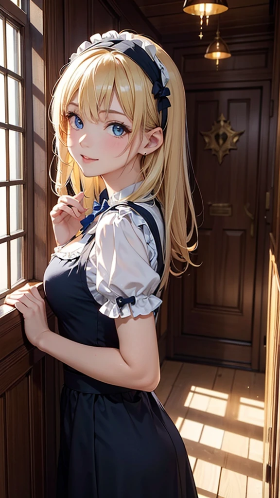 (masterpiece, highest quality, highest quality,official art),(1 girl:1.3),(attractive girl),((masterpiece, highest quality))、8K、one woman、(26 years old)、((blonde))、shortcut、attractive woman、blue eyes、Big eyes、sparkling eyes、Beautifully drawn eyes、challenging smile、small bust、blue gothic maid、white headband、(look back)、Knee to head、Corridor of a luxurious house、aerial perspective、pure、transparent、Light、Light、