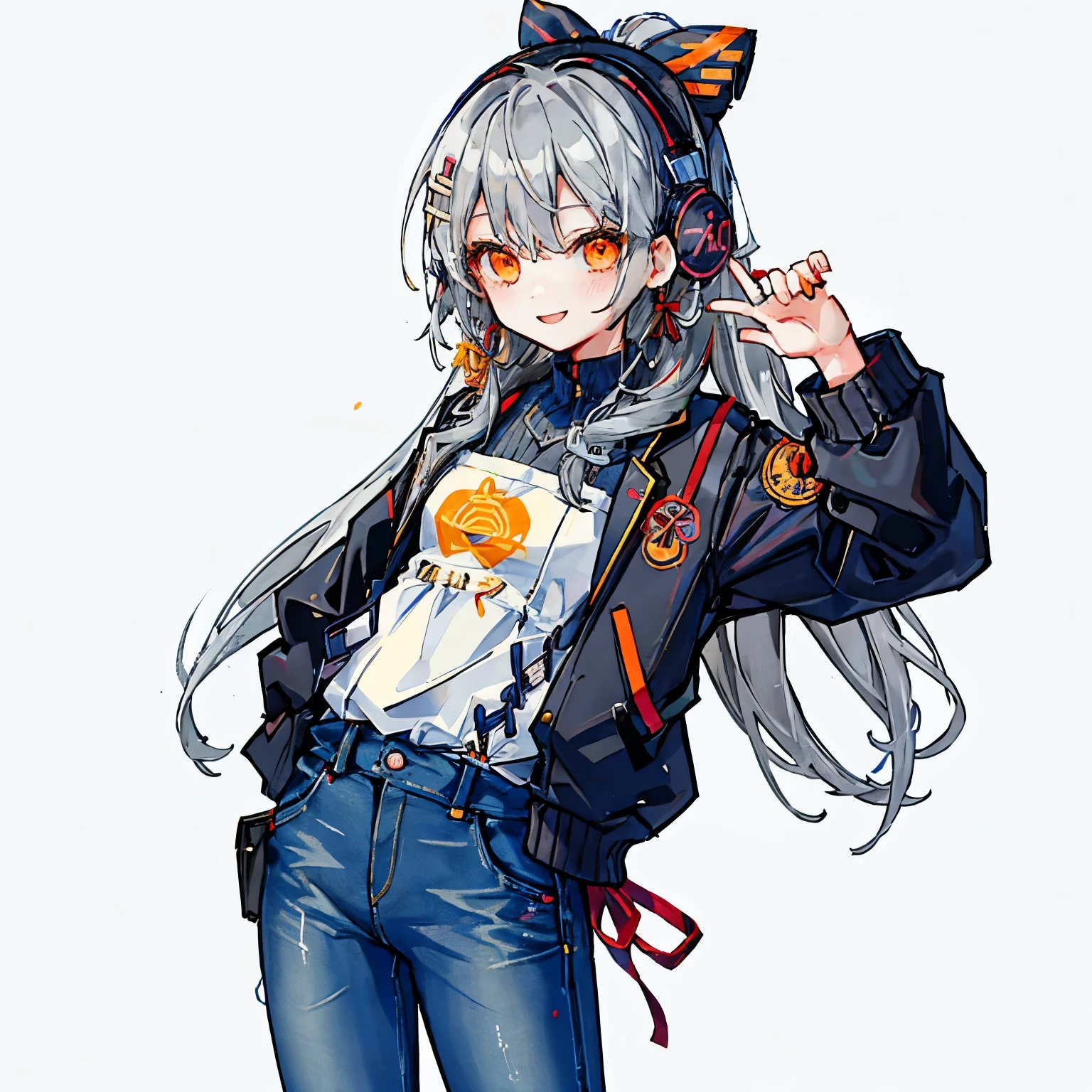 Linotuna, original, 黒いribbon, Braiding, Earrings, tooth, Grey Hair, hair ornaments, ヘアribbon, Barrette, Headphones, High resolution, Holding, Jacket, jewelry, Long Hair, Long sleeve, Orange eyes,ribbon, Songhua City, 白色のbackground、Cheerful girl、Cool composition、Cool girl、Dress like a man、Cool jumper、Cool smile、Skinny denim pants、Black clothes、background、Cafe