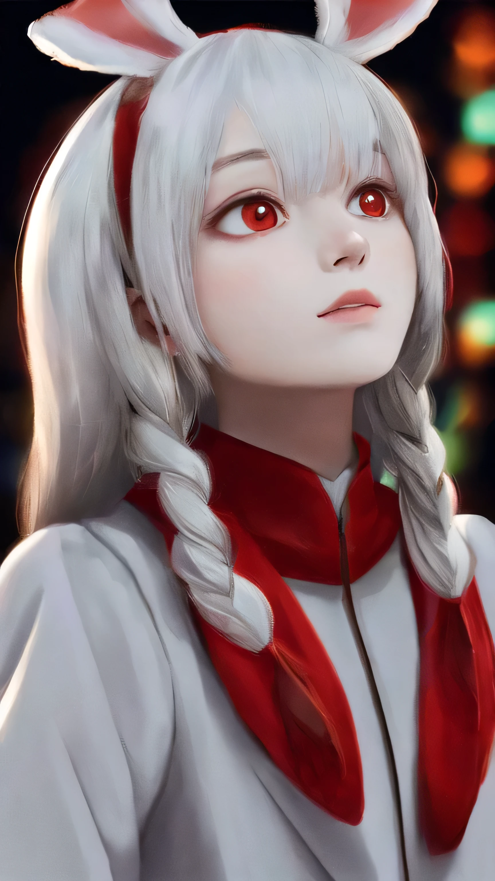 best quality, masterpiece,white hair, Bunny, red eyes,white clothes, looking up, upper body,hair strand,Fair skin,side braids