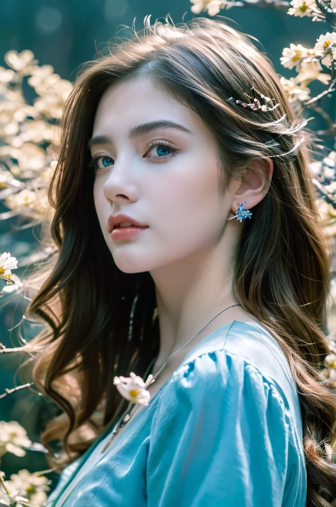 ( masterpiece, top quality, best quality,8k,17 years old girl,ultra detailed,raw photo:1.5),(photorealistic:1.4), (cinematic lighting), PerfectNwsjMajic, , Surrealism, UHD, ccurate, Super detail, textured skin, High detail, Best quality, dynamic angle, White skin,[Beautiful blue eyes], high nose,[flat chest:large breasts:0.5],(1girl),((good anatomy:0.5)),(covered in flowers:1.4), night sky, joint, interested in, fire and ice, (The image is divided into two，Available in a variety of colors:2), eyes blues, sapphire, liquid metal, night sky, (Look at an angle:1.3), (fire and ice), ((Lower chrome)), (hairpin:1.4), (forest:1.3), (fog: 1.3),  Subtle colors and tones, mystical aura ,dreamy atmosphere,expressive brush strokes, mystical ambiance, Artistic interpretation,Wonderland, blue glowing flowers tone, upper body, long hair, light brown streaked hair, brown hair