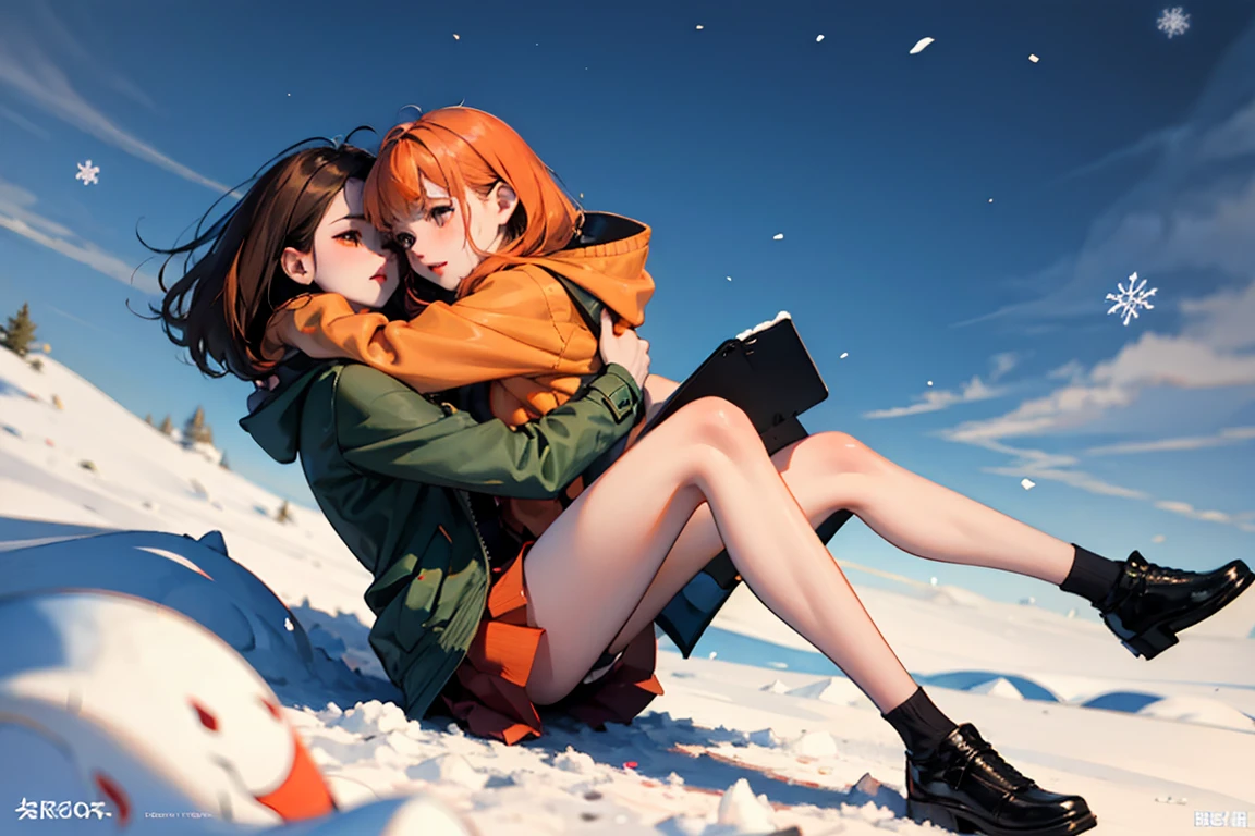 On the snow，Heavy snow，outdoor，two girls，16 years old，very beautiful，Very thin，an orange hair，a dark brown hair，wearing a coat，sweater，Short skirt，bare legs，The legs are very thin，Thin legs，thin waist，White socks，hug each other tightly：1.5，outdoor，whole body