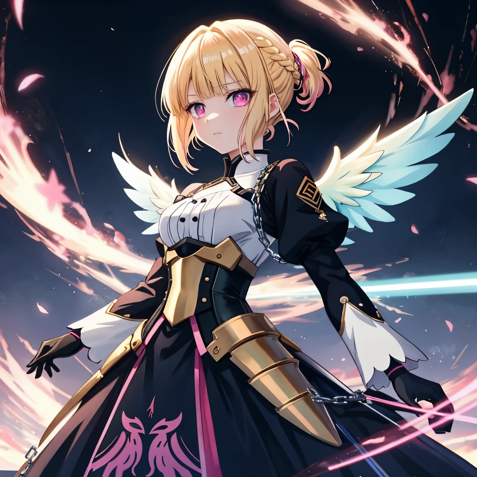 - **Resolution**: 4K digital art, anime art wallpaper 8K, BRAKE
- **Quality**: Highest quality, highest quality, detailed art in high quality, highest quality, BRAKE
- **Image Quality**: Ultra-detail, ultra-fine beauty, ultra-fine illustration, super detail, super fine beauty, super fine illustration, anime with attention to detail, very detailed short full-body portrait, pixiv digital art portrait, pixiv digital art, BRAKE
- **Style**: White anime Barbie, biomechanical, anime moe art style, dress, desktop background, biomechanical busty, 'Fate/Stay Night', 'Fate/Grand Order', BRAKE
- **Hairstyle and Color**: Choose one main hairstyle from long hair, bob cut, twin tails, ponytail, and long braids. Then, mix the remaining four hairstyles. BRAKE
- **Color**: Mainly gold centered on green and blue, light blue, yellow, silver, deep crimson, BRAKE
- **Emotions and Movements**: Since the character's face is not visible, it is not possible to read emotions and movements, BRAKE
- **Theme**: The image has a feminine and detailed aesthetic, but it is difficult to determine a specific theme without seeing the character's facial expression, BRAKE
- **Key Elements**: The focus is on the character with detailed clothing and hair, but the face is not visible, BRAKE
- **Style**: The artistic style is detailed and real, and the detailed parts of the hair and clothing are influenced by anime, BRAKE
- **World View**: Since a clear background is not visible, it is difficult to determine the world and setting, BRAKE
- **Body Shape**: Most of the body is not visible, but the visible part is slender, BRAKE
- **Costume and Color**: The character is wearing black clothes with pink accents and is decorated with chains, BRAKE
- **Hairstyle and Color**: The long flowing hair is gradient so that the root is blonde and the tip is pink, BRAKE
- **Details of Possessions and Weapons**: No items or weapons are visible in this image, BRAKE
- **Details of Wings**: No wings are visible in this image, B
