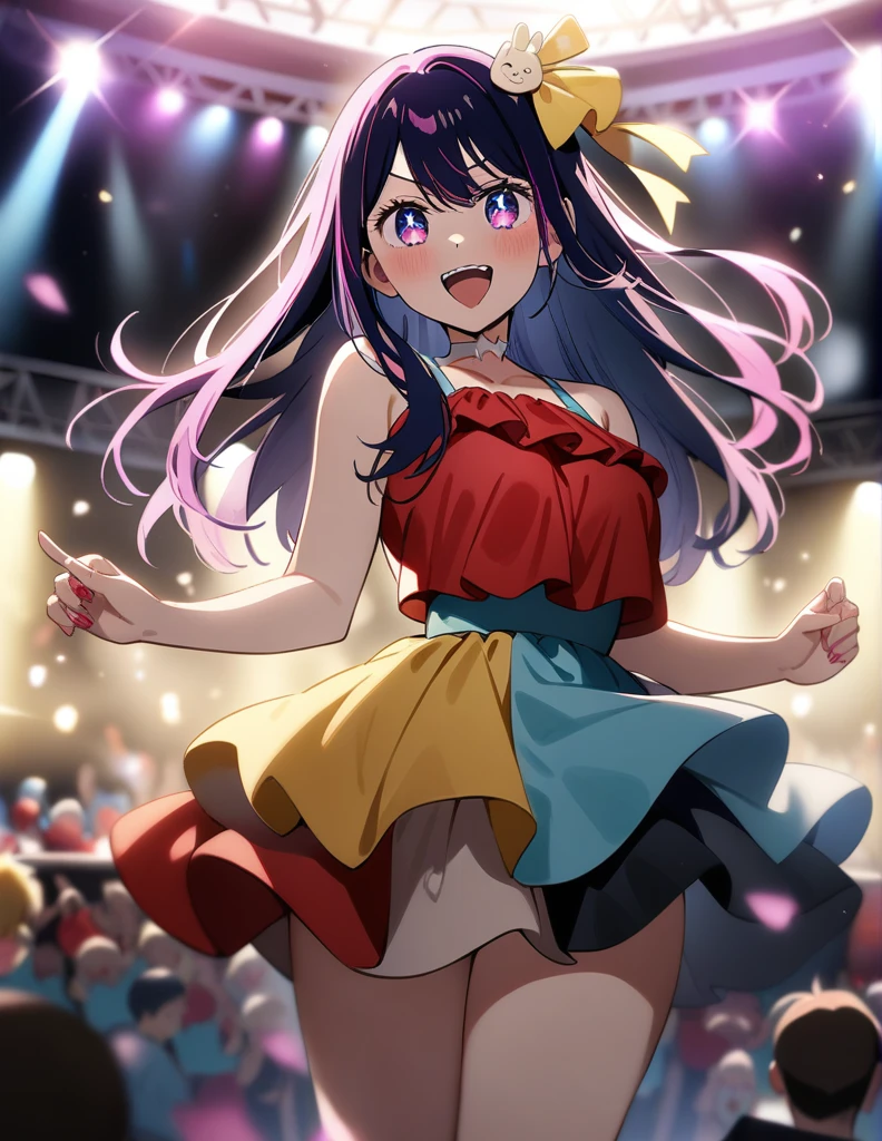 1girl, hoshino ai \(oshi no ko\), oshi no ko
, masterpiece, best quality, very aesthetic, absurdres, idol, Stage, microphone, crowd, looking at viewer