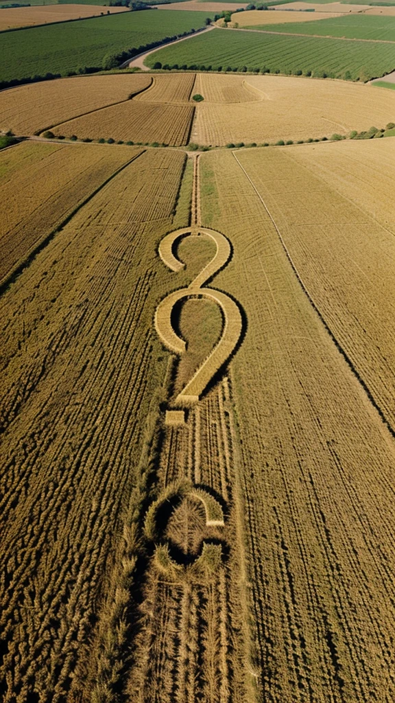 Field of wheat, golden in sunshine, drone photograph) (crop circle in form of a question mark)