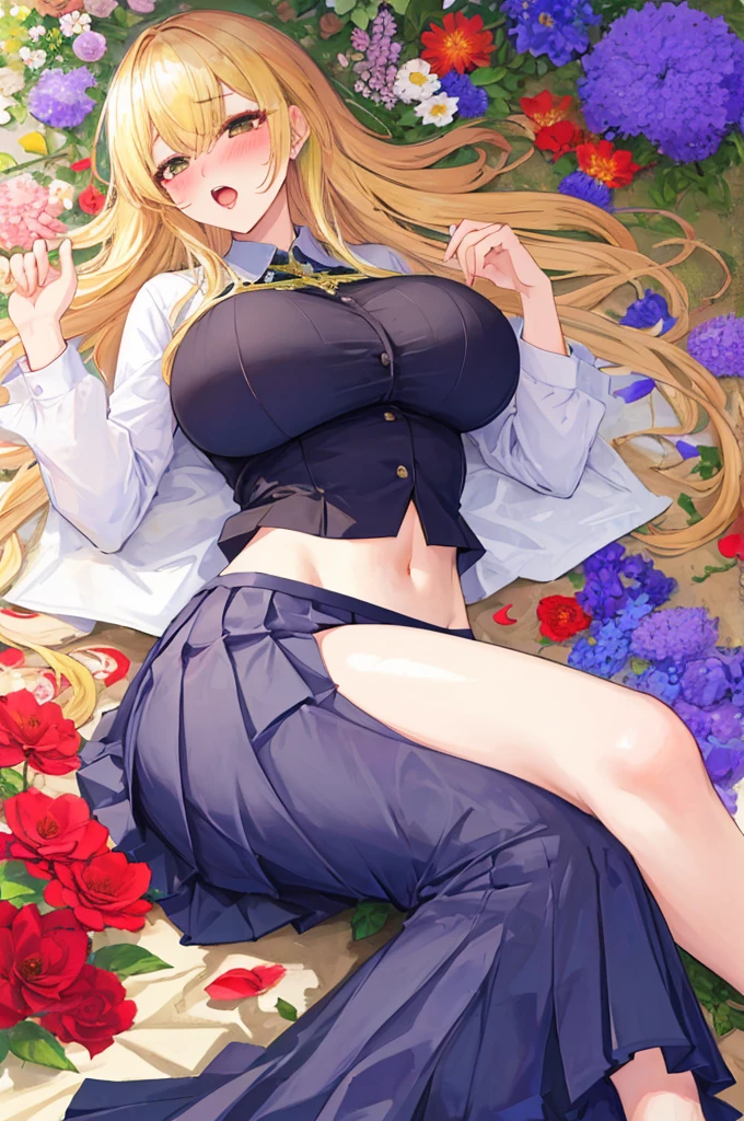 A woman with big ,Gorgeous woman,Mature,((ahegao)),Beautiful Wife,Long blond hair,Exquisite,Transparent shirt,Pleated Skirt,Slim waist,Showing belly,Smooth legs,blush,Lying in the flowers,Colorful flowers,