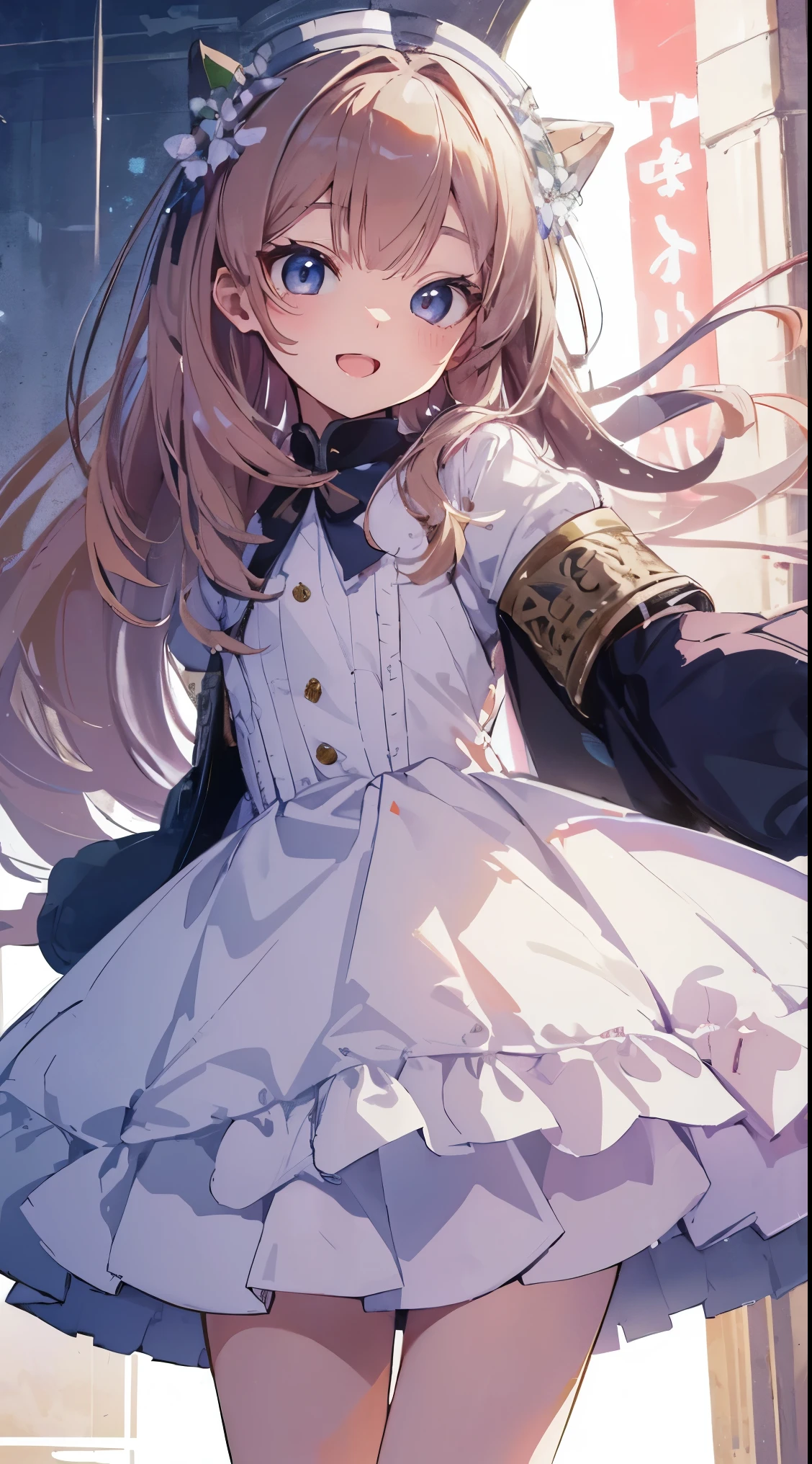 Masterpiece、Highest quality、highest quality、((((Petite))))、(Open Mouth Smile)、Shiny hair quality、Small face、Dynamic pose、Super detailed, beautiful, wide eyes、Ultra-detailed, clear and beautiful faces、(cute illustration:1.2), High-resolution, ultra-detailed, best quality, embarrassed、Thighs