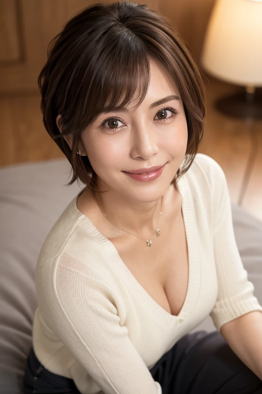 8k, highest quality, masterpiece, Realistic, Photorealistic, Very detailed, Natural light, , Detailed open neckline sweater, I can see her cleavage, 1 Japanese female, 40 years old, Slightly brown-haired, short hair, , Long knit in white、V-neck shirt, (Leaning forward to look into the camera on the floor), Detailed bending forward, A refreshing smile, Friendly smile, Happy emotion smiley face, Very detailedな顔と肌, Very detailedな目, Very detailedな顔と肌, Very detailedな笑顔,
