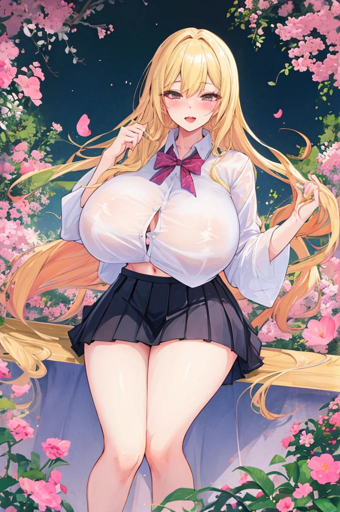A woman with big ，Gorgeous woman，Mature，((ahegao))，Beautiful Wife，Long blond hair，Exquisite，Transparent shirt，Pleated Skirt，Slim waist，Showing belly，Smooth legs，blush，Colorful flowers，