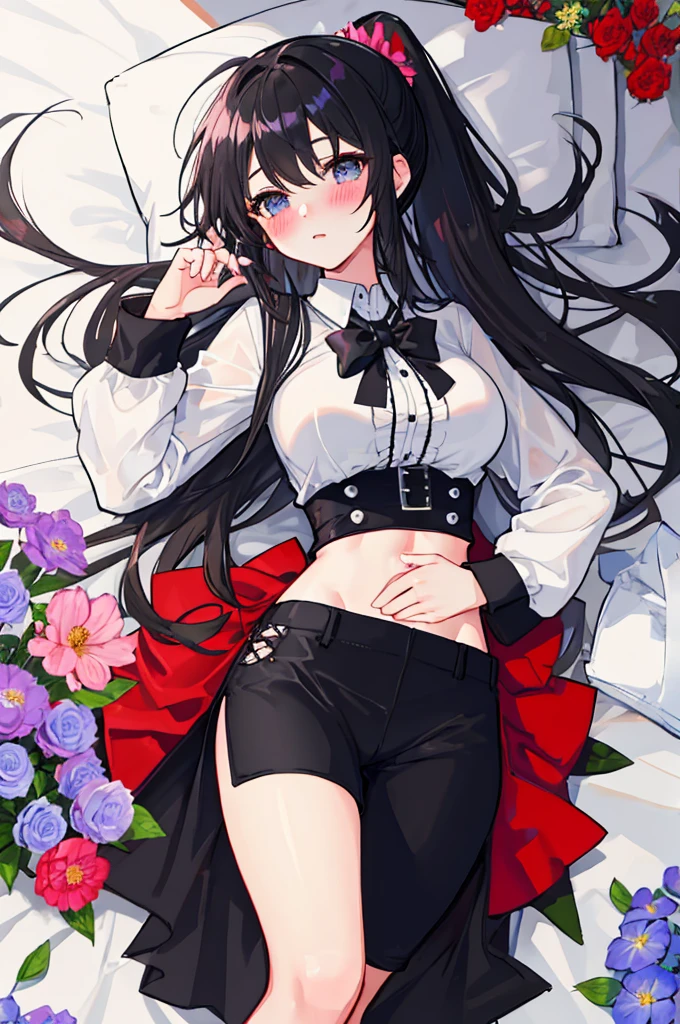A girl,Double ponytail hair,Long hair,Black Hair,White shirt,Towering breasts,Slim waist,Showing belly,pubic,Smooth legs,blush,Lying in the flowers,