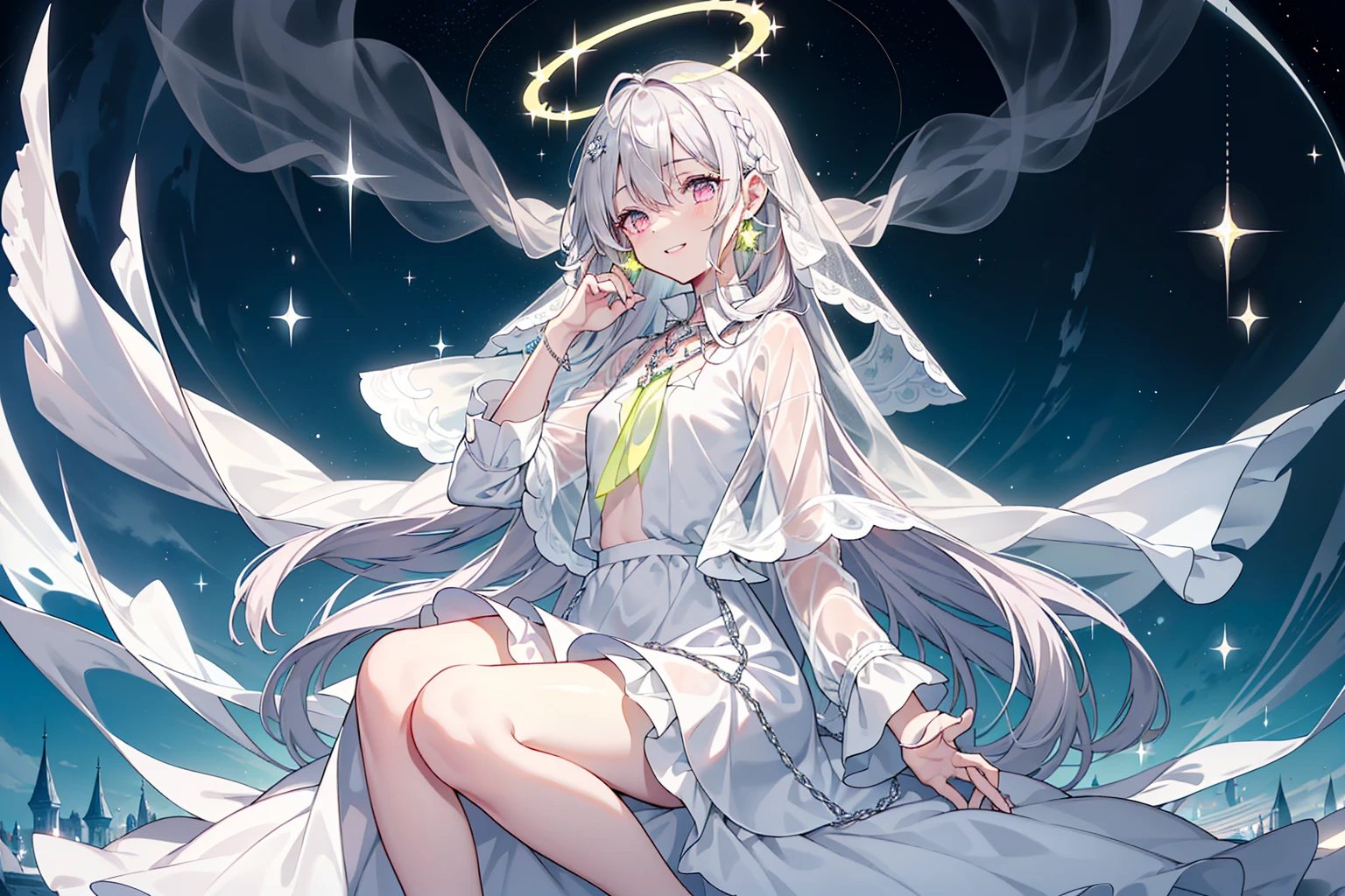 (best quality), (top-quality), (hight resolution), 8K images, (masterpiece), ((perfect face)), (detailed face), (detailed eyes), (clear lines), hair strand,Light skin, ((1girl)), ((solo)), beautiful fantasy anime, top rated on pixiv, (expressive eyes), (perfect eyes), (((light_pink eyes))), perfect face, grinning, ((white silver hair)), (white hair), braided bangs, hair over eyes, earrings, {{{{{{{super flat chest}}}}}}}, {{{{{{{flat chest}}}}}}}, (((((flat chest))))),(((lime green collar shirt))), (((lime green outfit))), (lime frilly outfit), (a lot of frilly), (lime lolita style), (lolita fashion), (((long veil covering head))), (((gorgeous halo above head))), she is floating in the air , holding a long silver magic chain,Award-winning photo,extremely detailed,finely detailled, (floating glowing crystals), wide shot, (beautiful detailed sky with a lot of stars),(galactic), (lots of beautiful and delicate water), offficial art, game spash art, ultra epic detailed sky, perfect lighting, many mirrors floating, excited pose, magic silver chains around, full body like, star rain, gorgeous background, angelic, (sit 1.2)