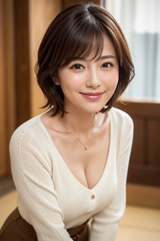8k, highest quality, masterpiece, Realistic, Photorealistic, Very detailed, Natural light, , Detailed open neckline sweater, I can see her cleavage, 1 Japanese female, 40 years old, Slightly brown-haired, short hair, , Long knit in white、V-neck shirt, (Leaning forward to look into the camera on the floor), Detailed bending forward, A refreshing smile, Friendly smile, Happy emotion smiley face, Very detailedな顔と肌, Very detailedな目, Very detailedな顔と肌, Very detailedな笑顔,