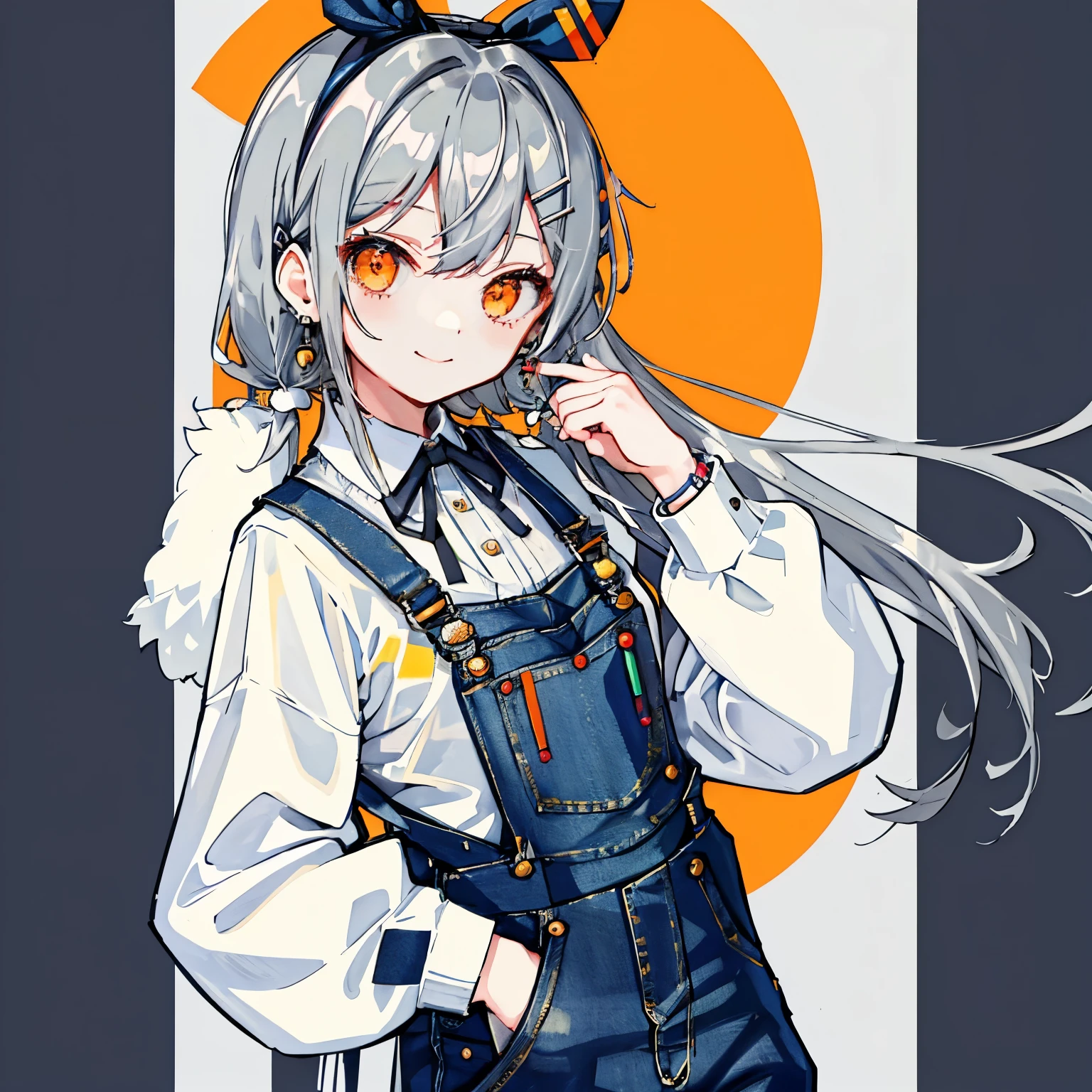 Linotuna, original, 黒いribbon, Braiding, Earrings, tooth, Grey Hair, hair ornaments, ヘアribbon, Barrette, Headphones, High resolution, Holding, Jacket, jewelry, Long Hair, Long sleeve, Orange eyes,ribbon, Songhua City, 白色のbackground、Cheerful girl、Cool composition、Cool girl、Dress like a man、Cool jumper、Cool smile、Denim pants、Denim overalls、suspenders、Black clothes、background、Cafe、Soft details