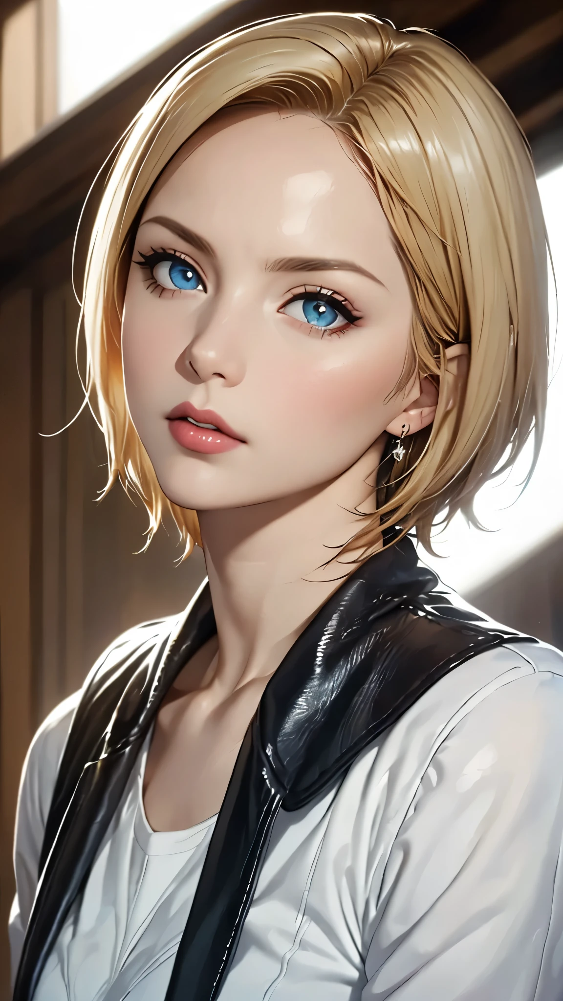 (highest quality,4k,8K,High resolution,masterpiece:1.2),Super detailed,realistic:1.37,portrait,blonde,blue eyes,white skin,wearing leather cloth,detailed facial features,beautiful lips,gorgeous eyes,A wonderful expression,retro style,soft lighting,Bright colors,slicked back hair,break,cowboy shot,