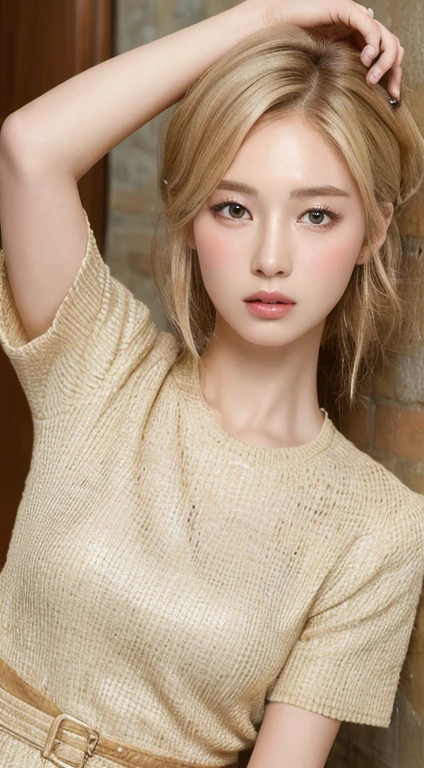 ((highest quality, 8k, masterpiece :1.3)), One girl, Beautiful woman with slim abdominal muscles :1.3, (Random Hairstyles :1.2), one piece:1.2, Highly detailed face, Fine grain, double eyelid, Underarm,Blonde