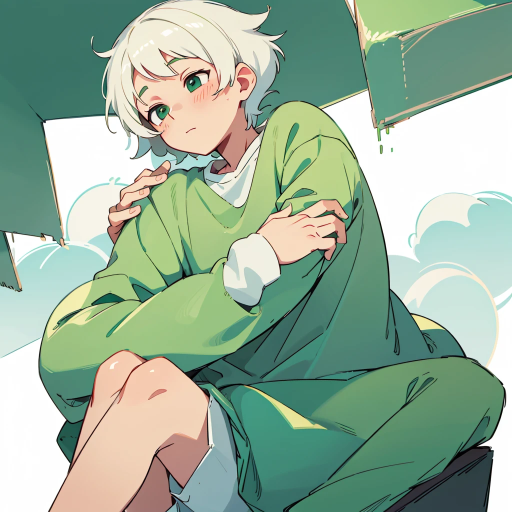 Soft boy with twenty years old,white shortcut hair,green sleepy eyes ,soft smile,sweatshirt 