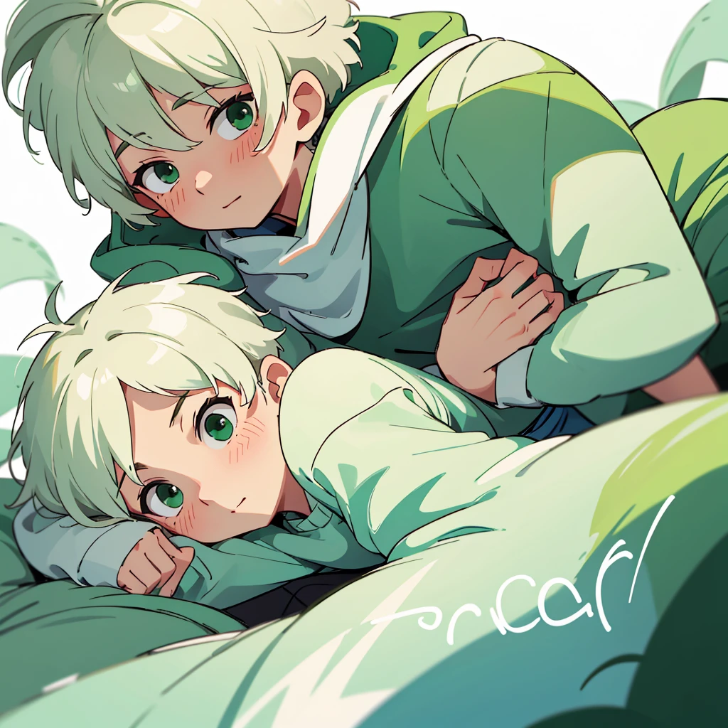 Soft boy with twenty years old,white shortcut hair,green sleepy eyes ,soft smile,sweatshirt