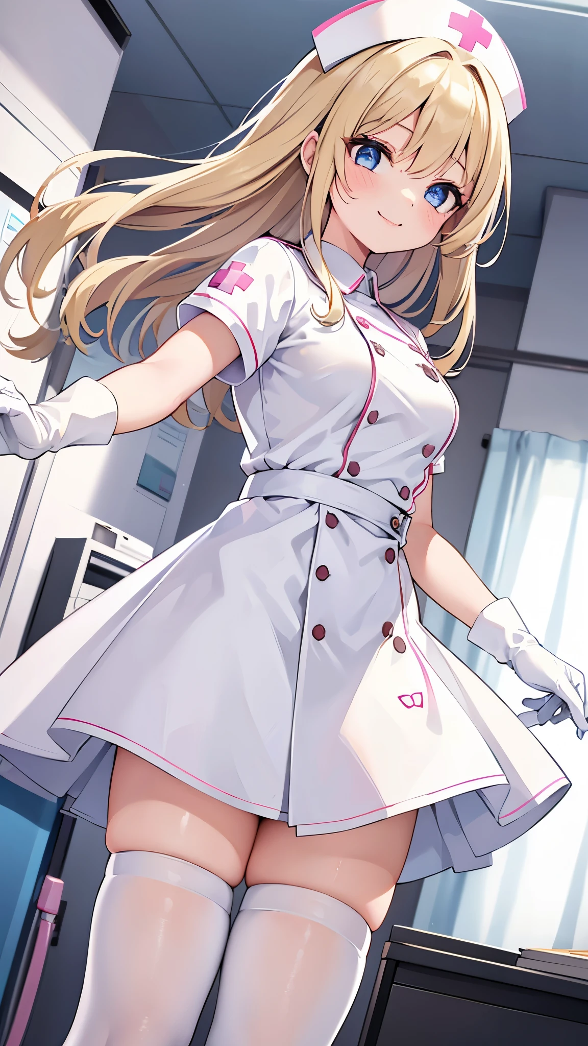 One girl, alone, nurse, nurse cap, White, ((White legwear, zettai ryouiki)), White gloves, Blonde, blue eyes, Pink Lips, smile, Are standing, ((Hospital room)), Sharp contours, Short sleeve, highest quality, masterpiece