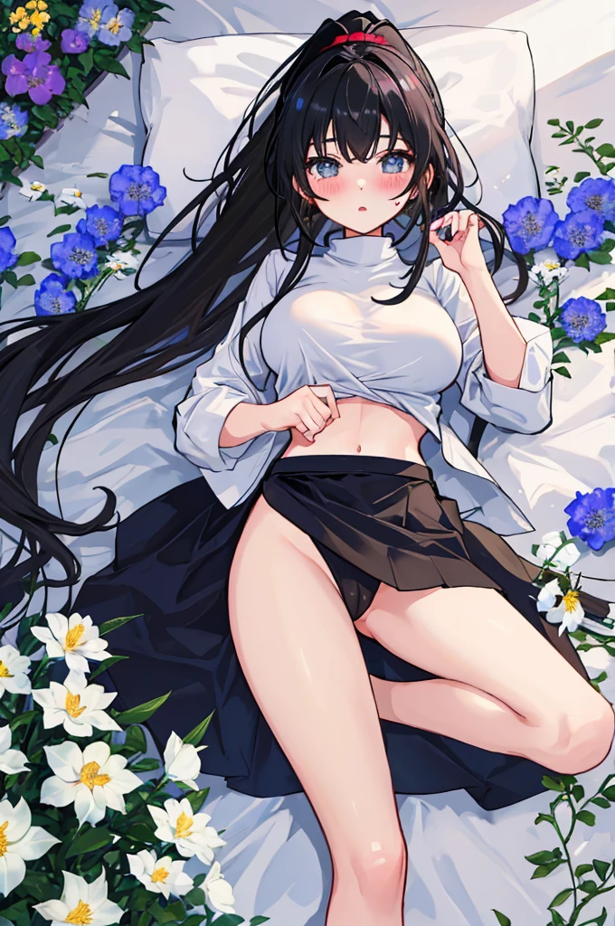 A girl，Double ponytail hair，Long hair，Black Hair，White shirt，Towering breasts，Slim waist，Showing belly，pubic，Smooth legs，blush，Lying in the flowers，